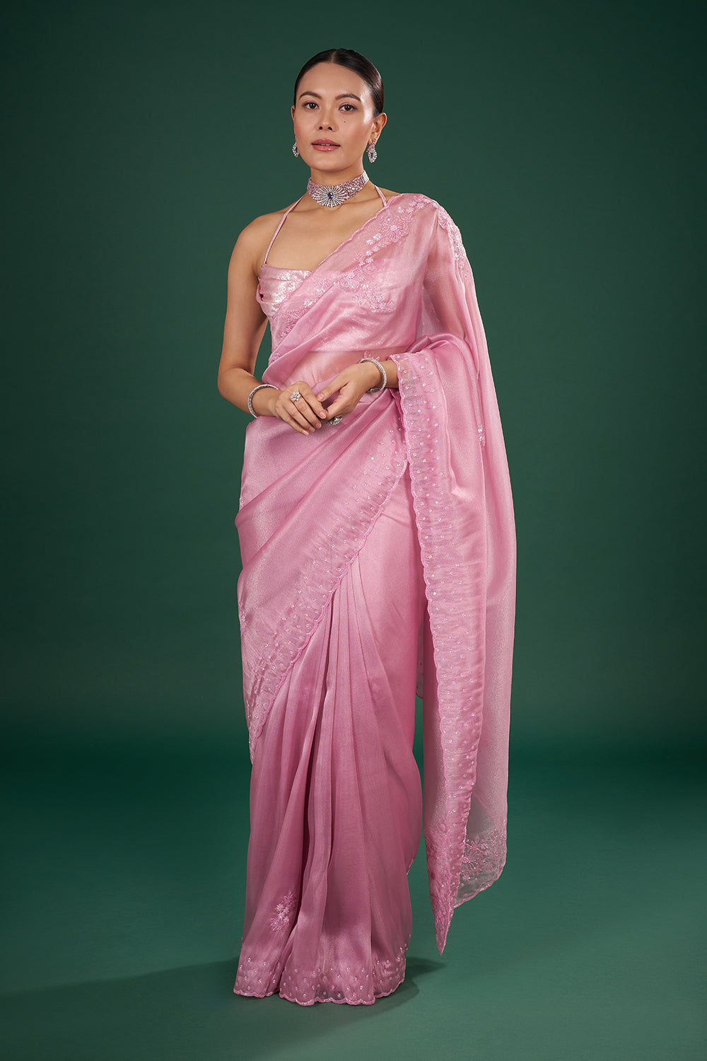 Blush Pink Organza Saree with Sequin Embroidery and Unstitched Blouse