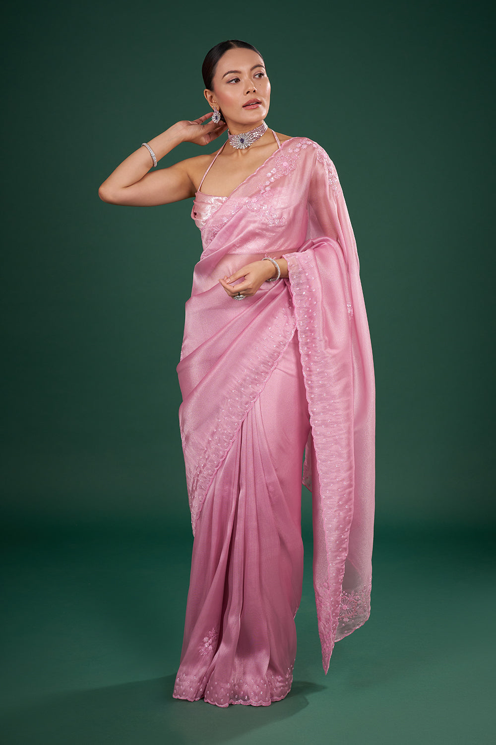 Blush Pink Organza Saree with Sequin Embroidery and Unstitched Blouse
