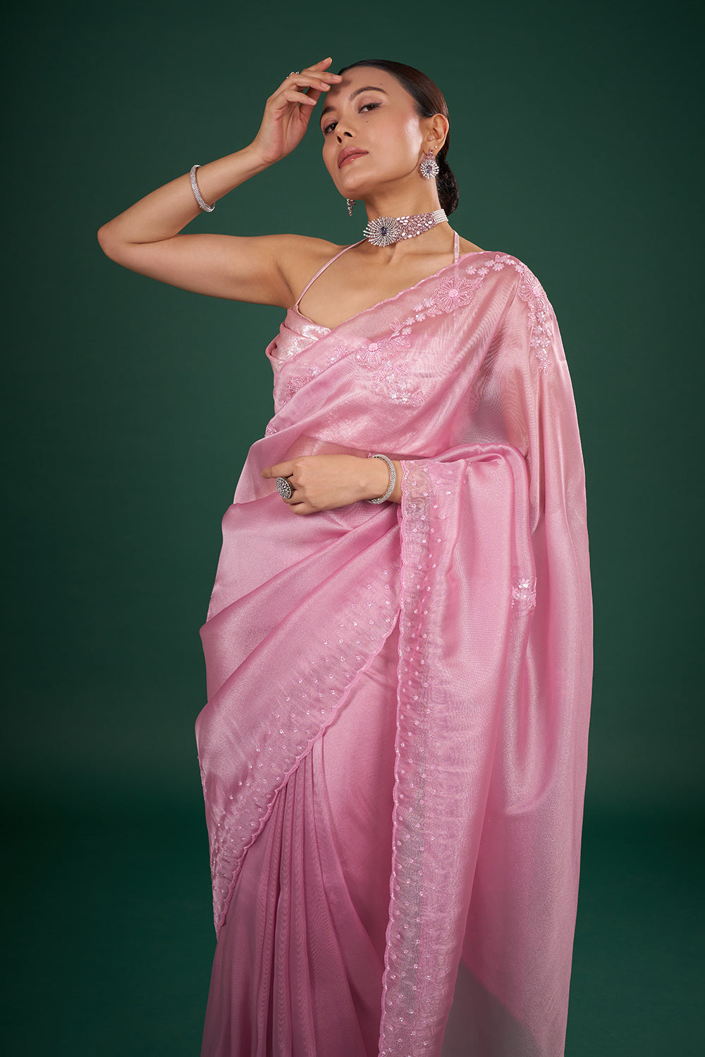 Blush Pink Organza Saree with Sequin Embroidery and Unstitched Blouse