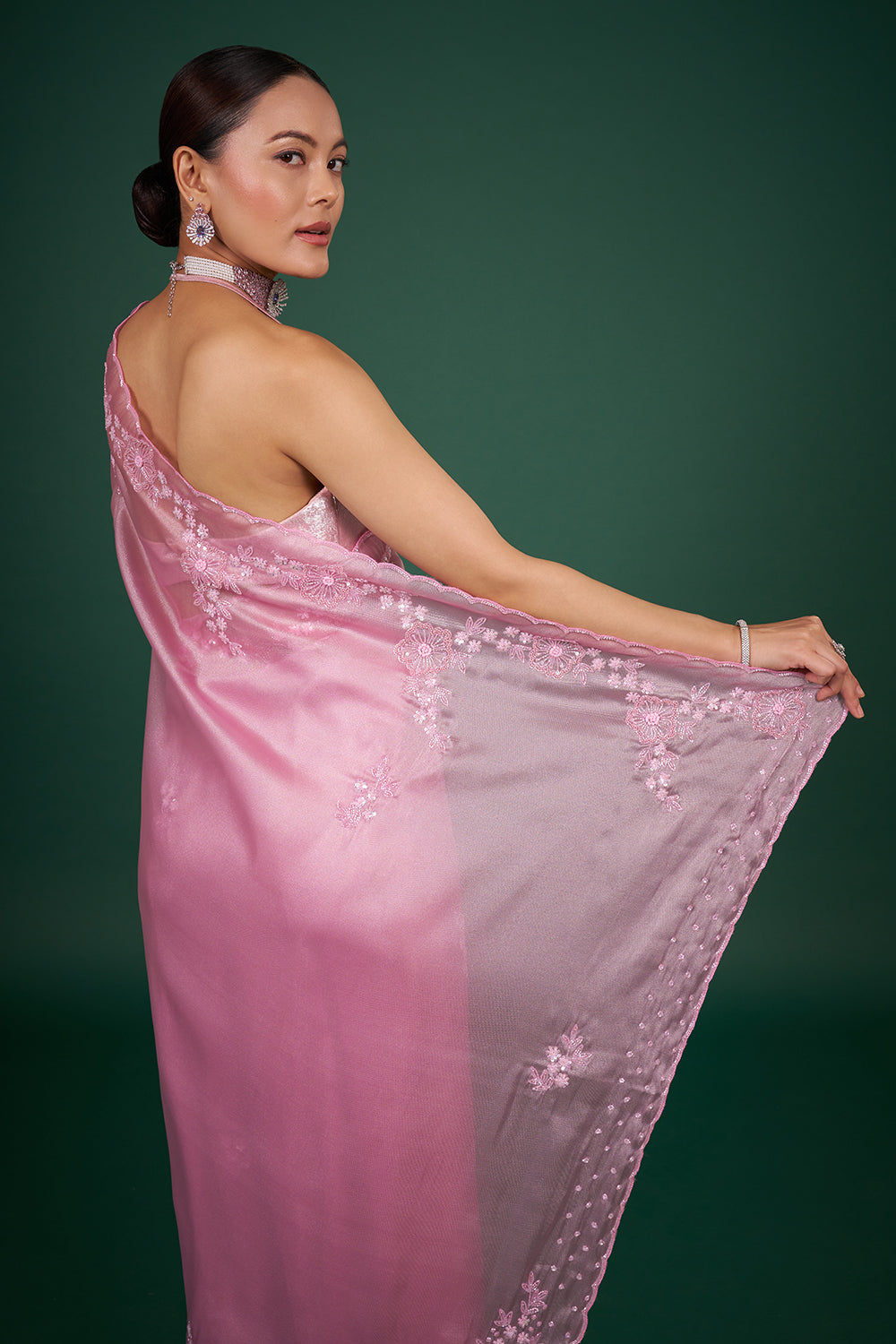 Blush Pink Organza Saree with Sequin Embroidery and Unstitched Blouse
