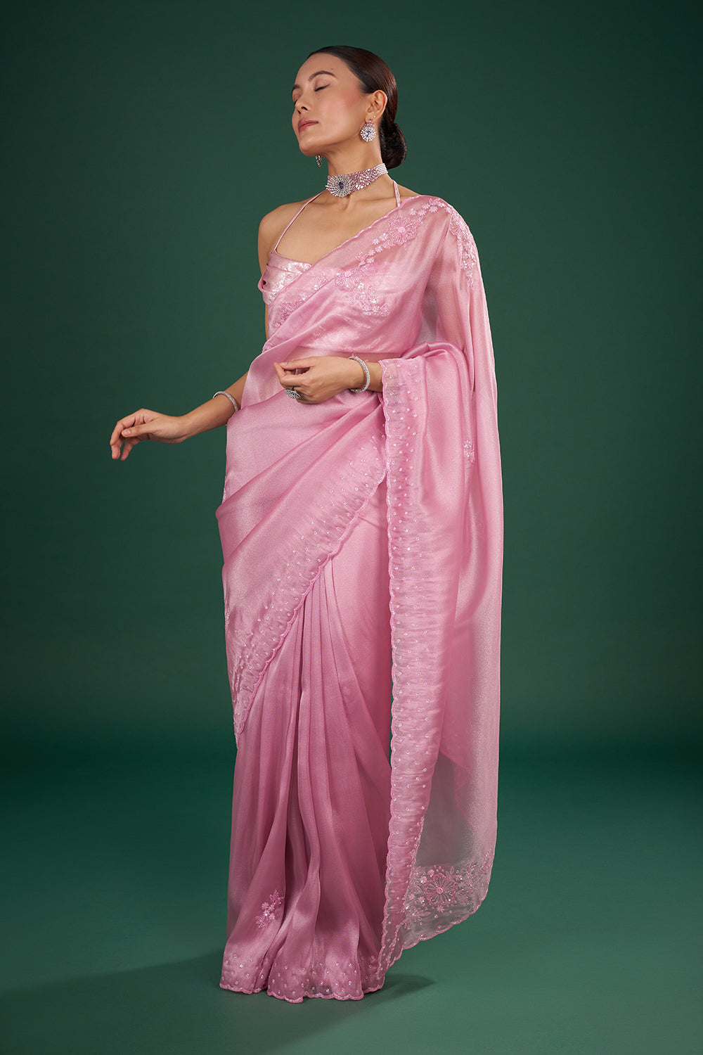 Blush Pink Organza Saree with Sequin Embroidery and Unstitched Blouse