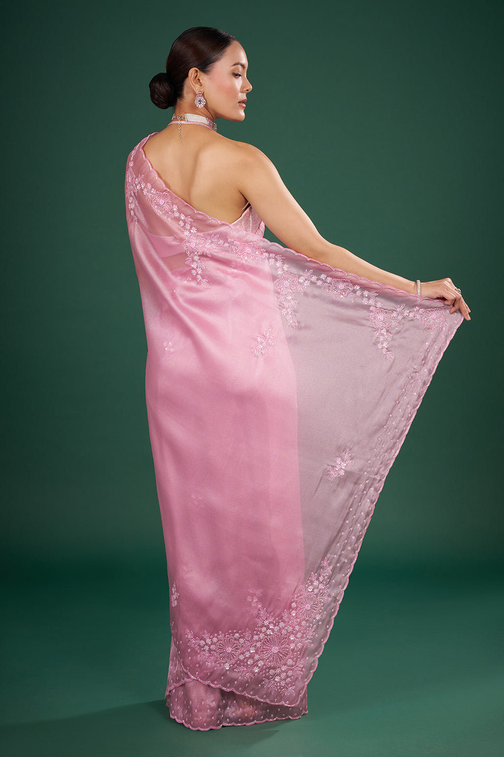 Blush Pink Organza Saree with Sequin Embroidery and Unstitched Blouse