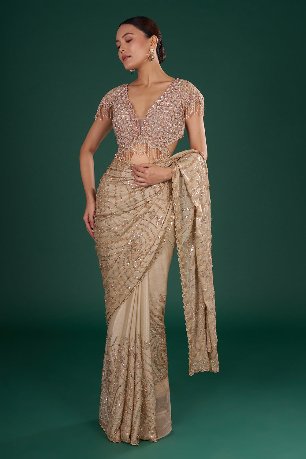 Beige Shimmer Crush Chiffon Saree with Sequins and Unstitched Blouse