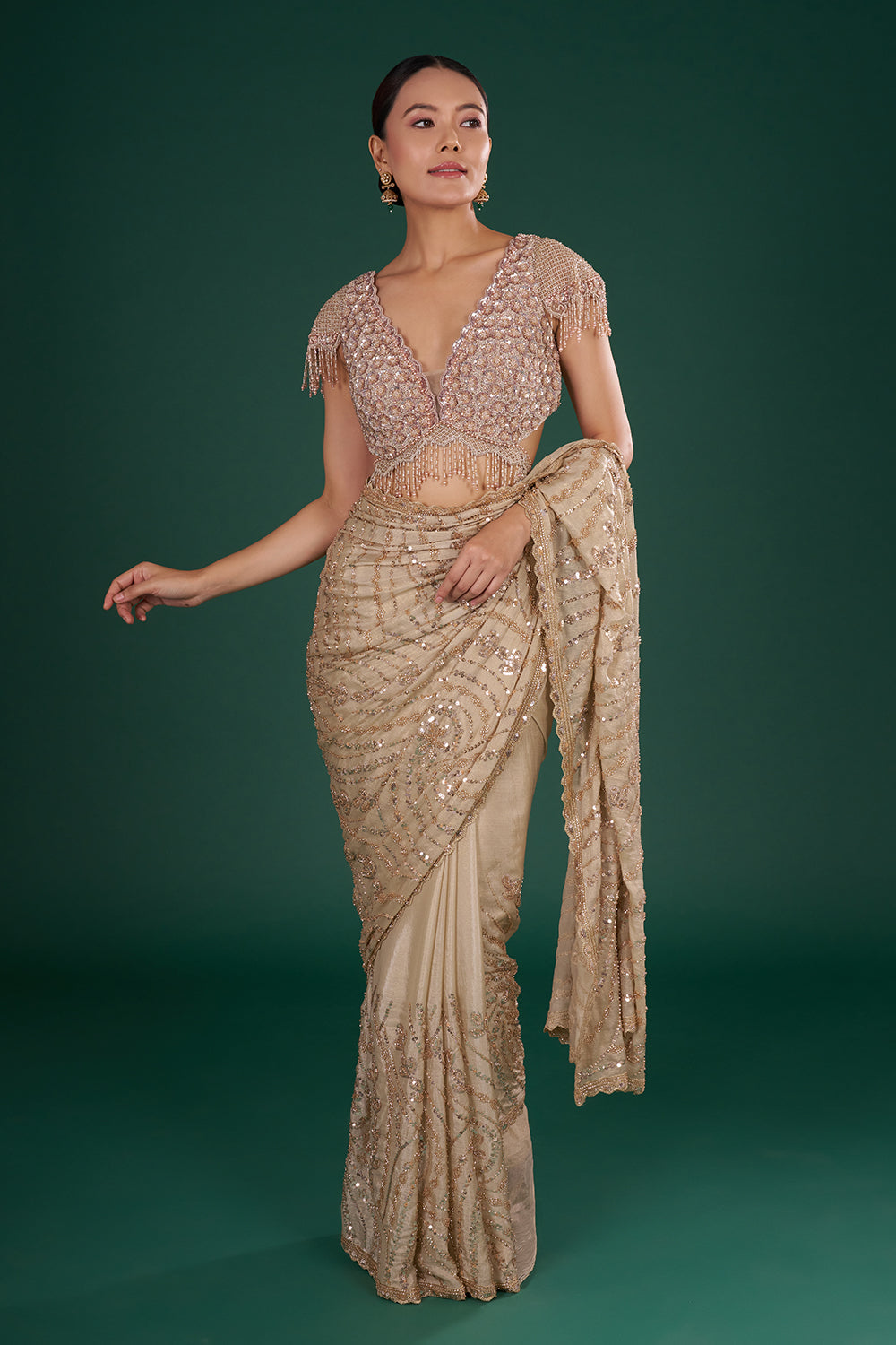 Beige Shimmer Crush Chiffon Saree with Sequins and Unstitched Blouse