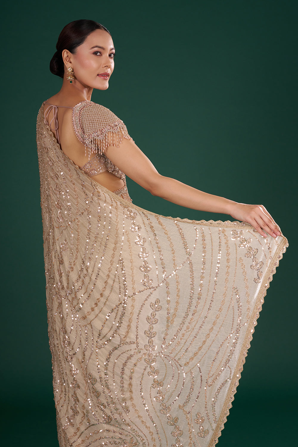 Beige Shimmer Crush Chiffon Saree with Sequins and Unstitched Blouse
