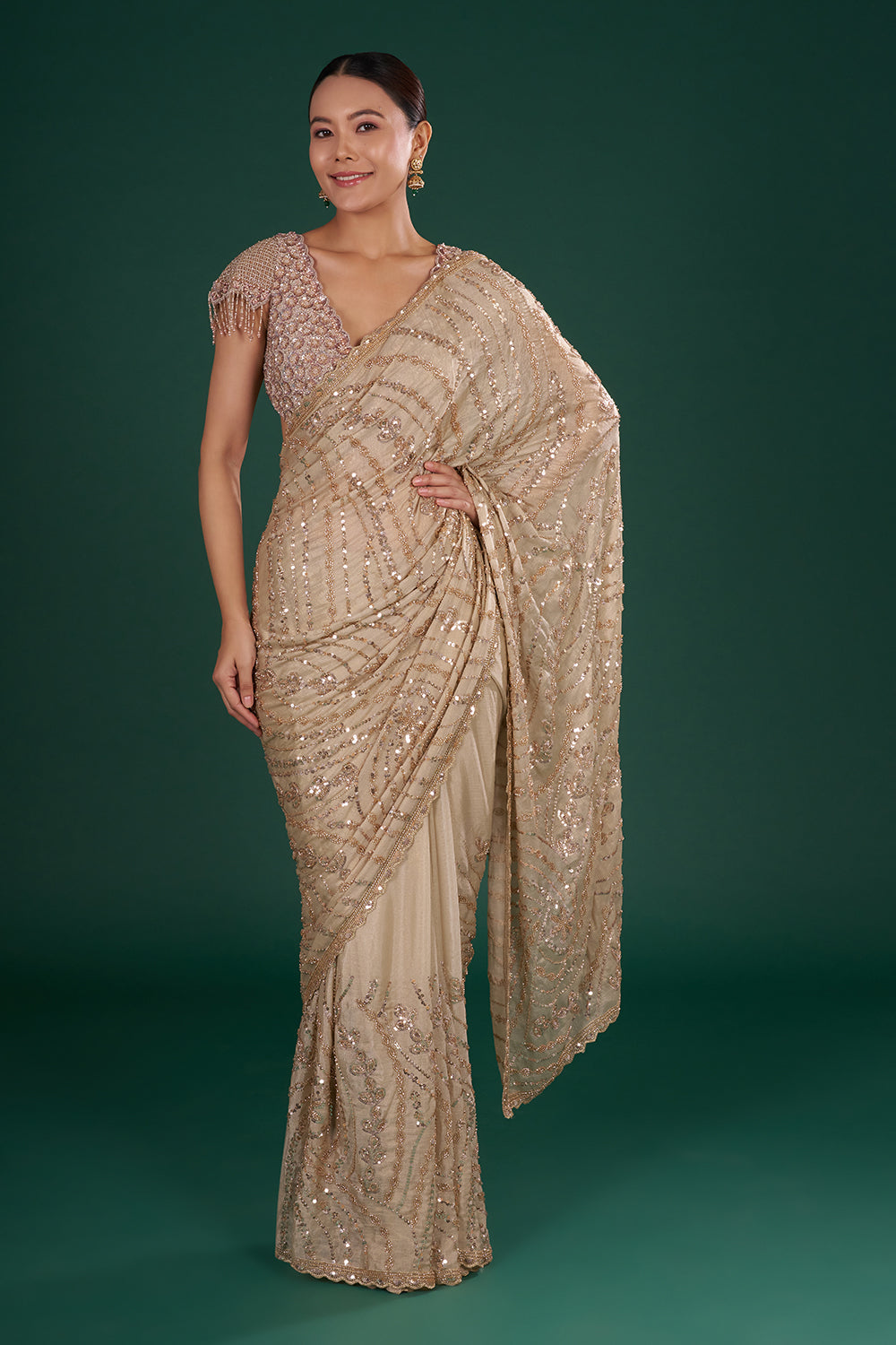 Beige Shimmer Crush Chiffon Saree with Sequins and Unstitched Blouse