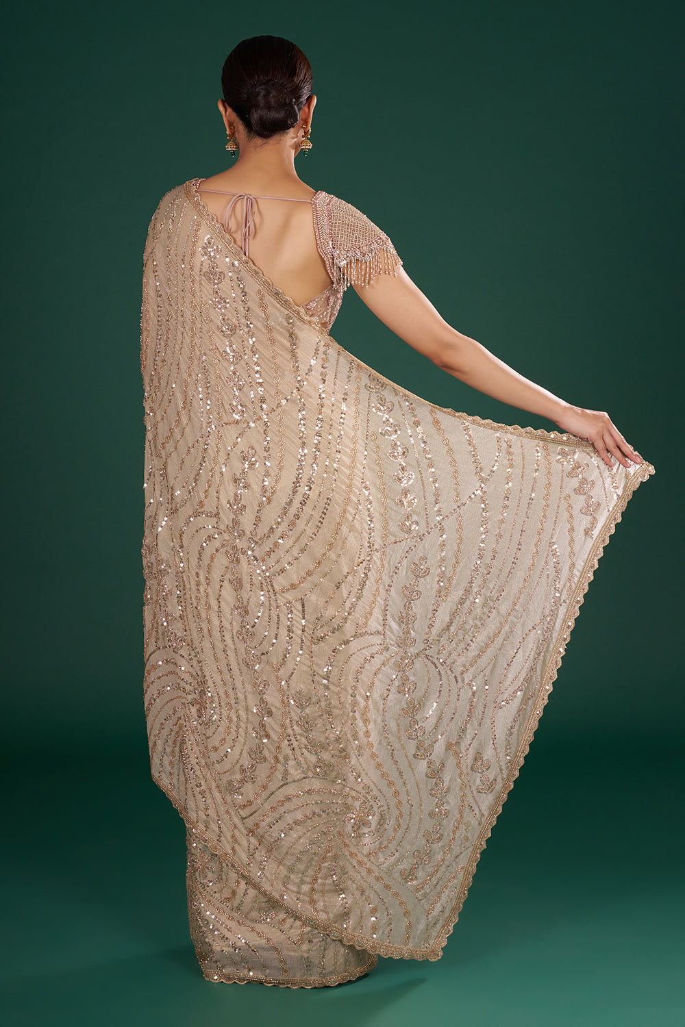 Beige Shimmer Crush Chiffon Saree with Sequins and Unstitched Blouse