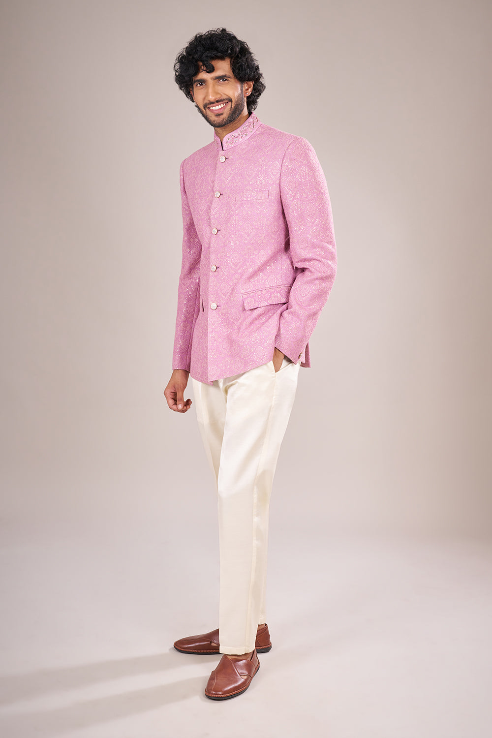 Blush Pink Jacquard Embroidered Bandhgala Set