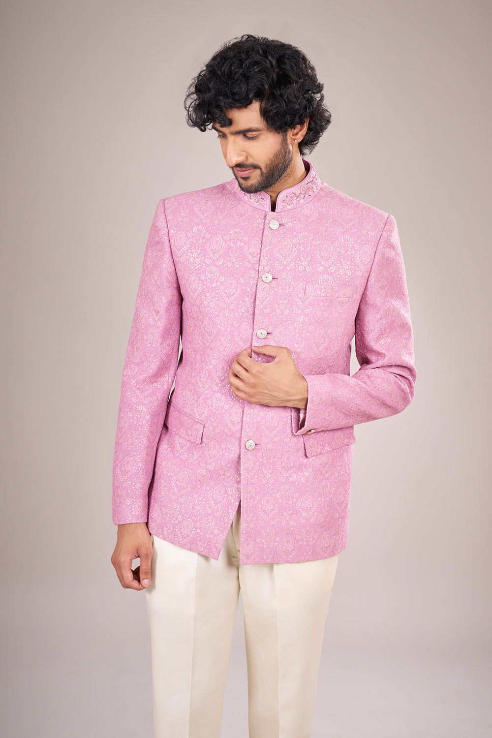 Blush Pink Jacquard Embroidered Bandhgala Set