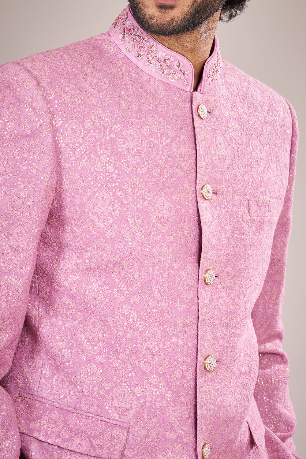 Blush Pink Jacquard Embroidered Bandhgala Set