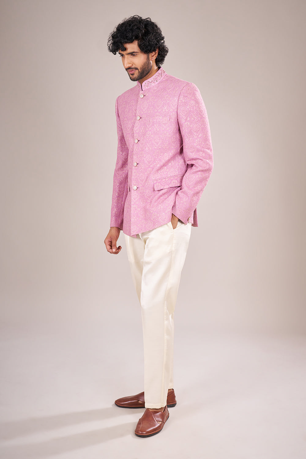 Blush Pink Jacquard Embroidered Bandhgala Set
