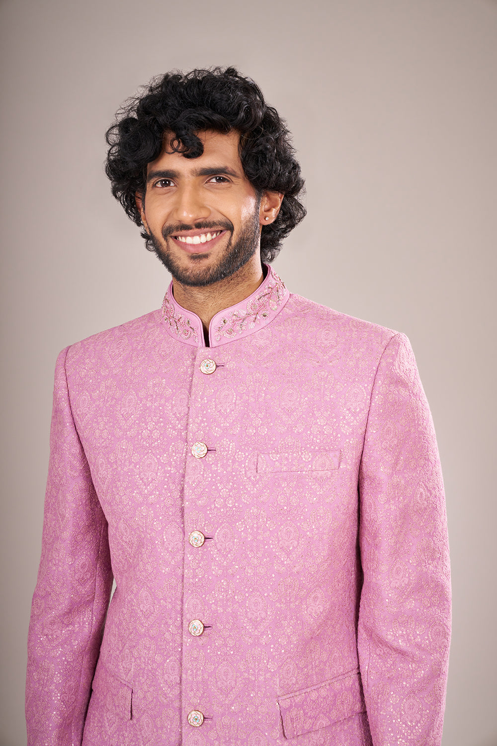 Blush Pink Jacquard Embroidered Bandhgala Set