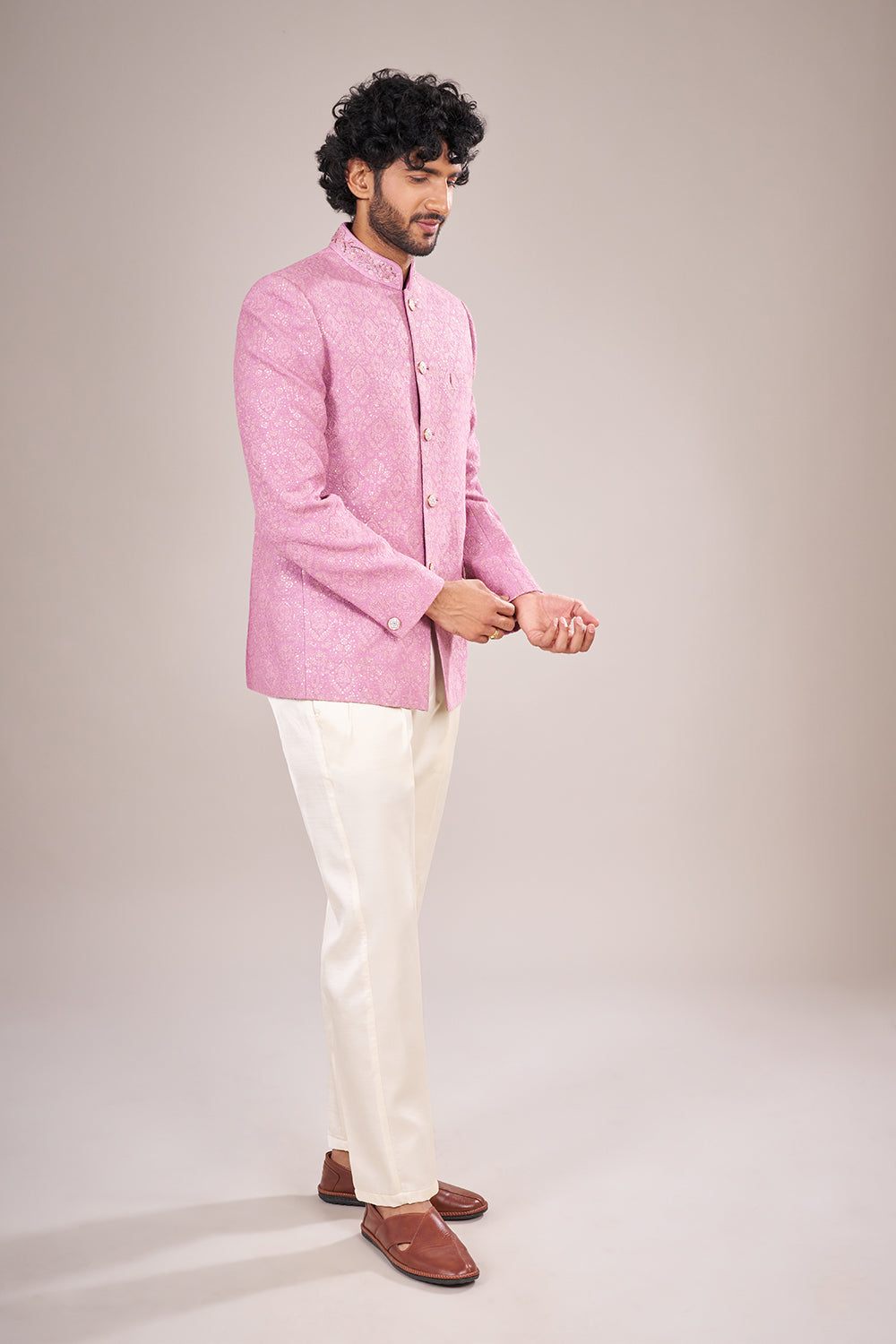 Blush Pink Jacquard Embroidered Bandhgala Set