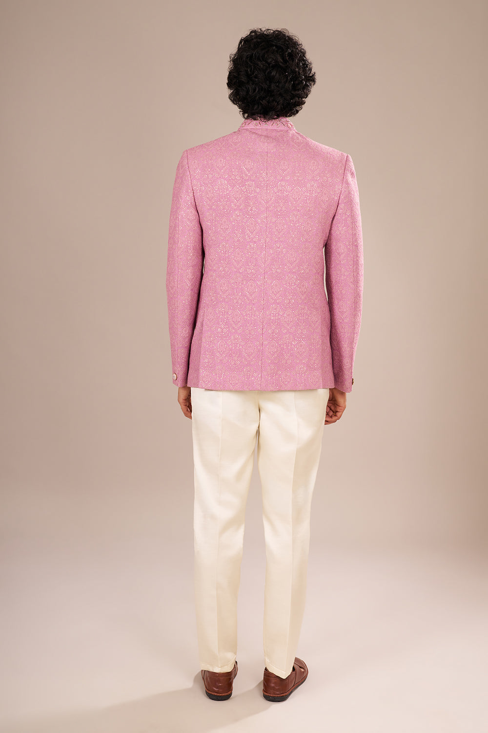 Blush Pink Jacquard Embroidered Bandhgala Set