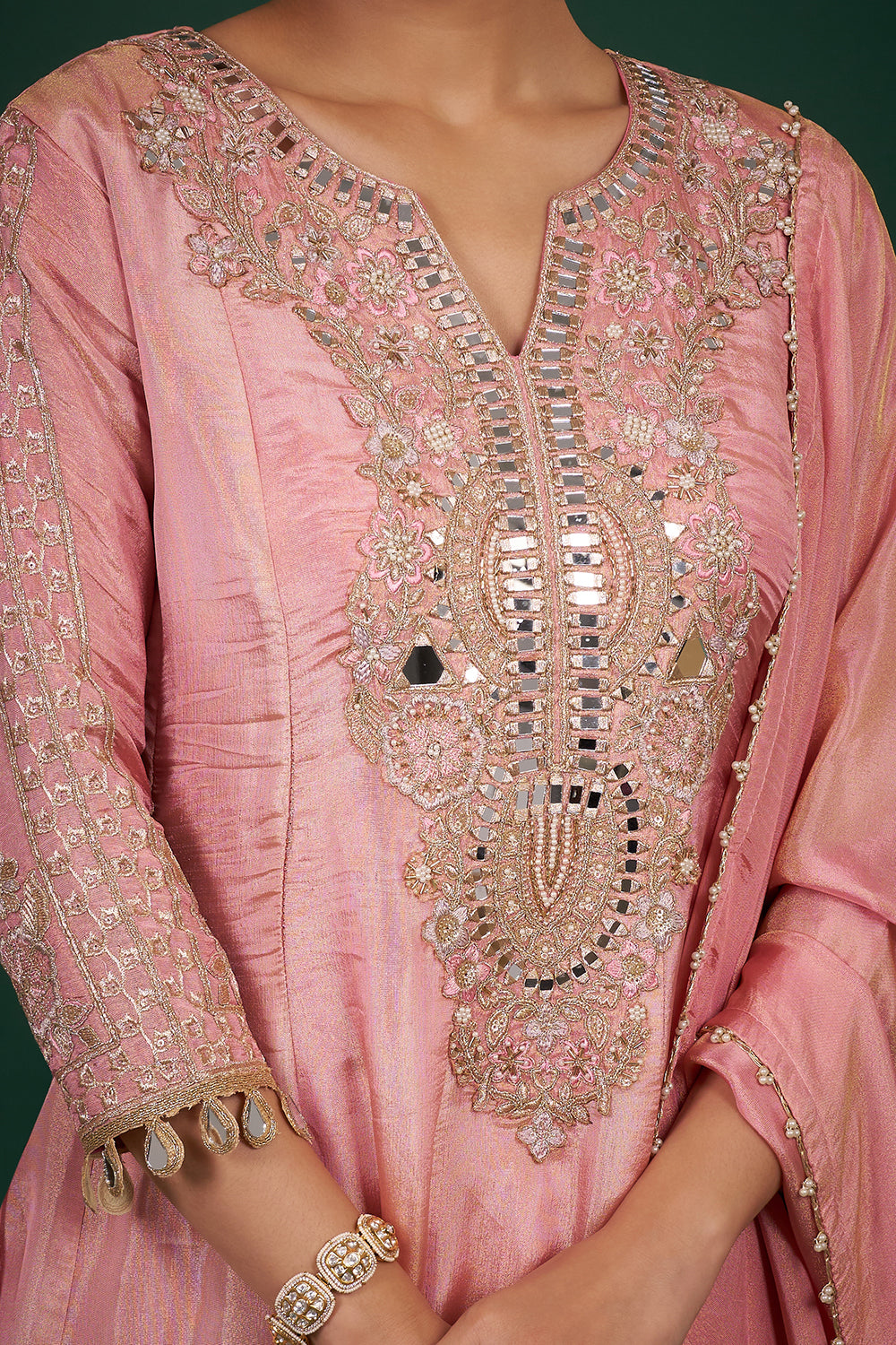 Blush Pink Kurta Set with Mirror Embroidery