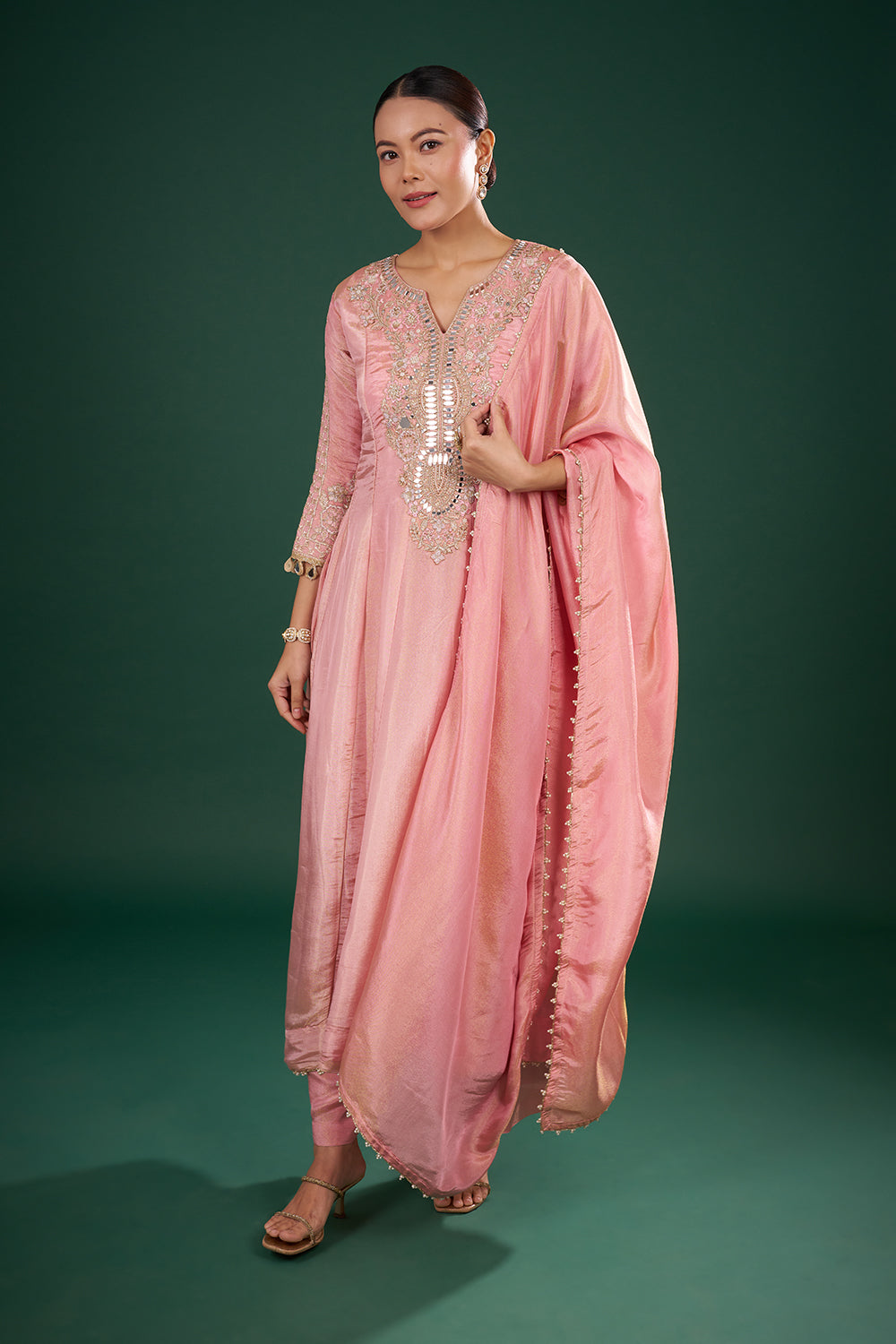 Blush Pink Kurta Set with Mirror Embroidery