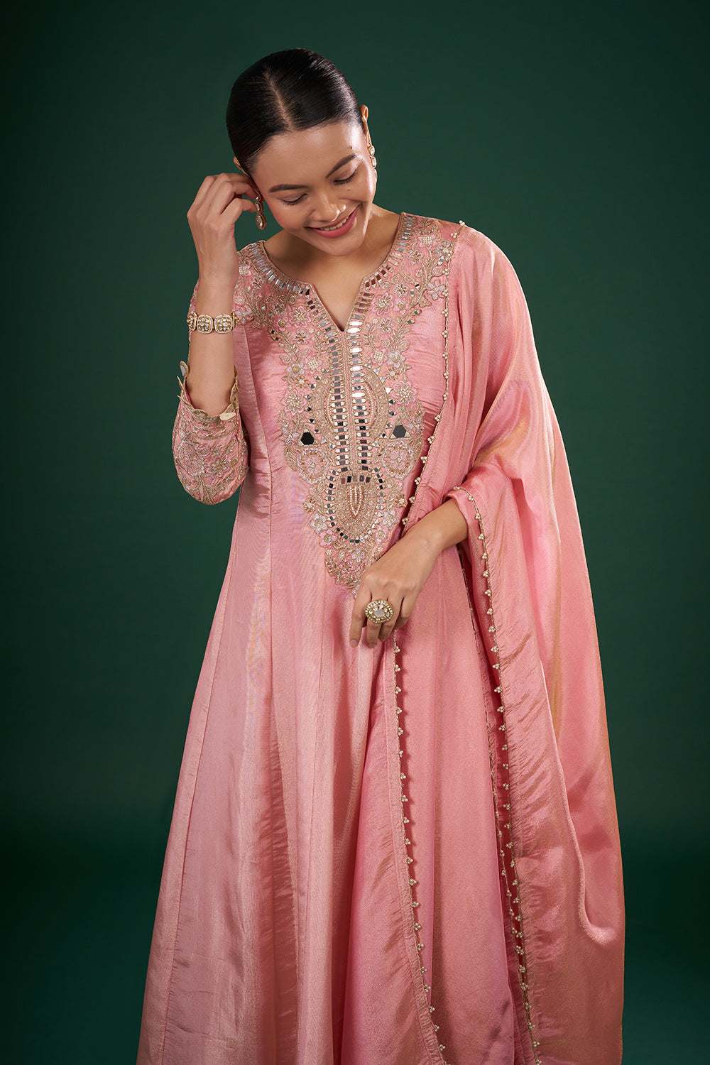 Blush Pink Kurta Set with Mirror Embroidery