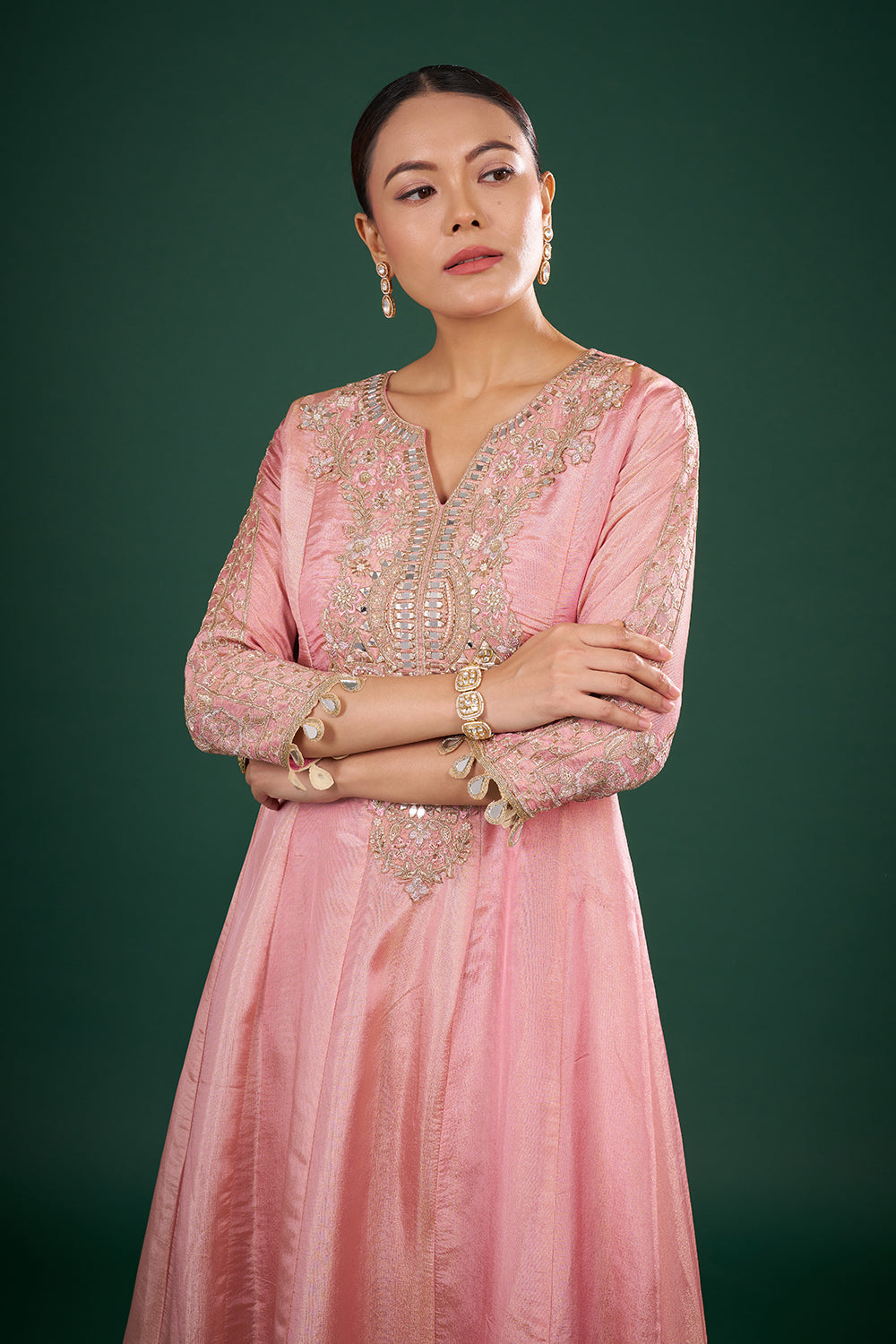 Blush Pink Kurta Set with Mirror Embroidery