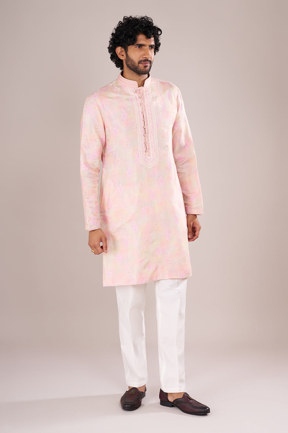 Blush Pink Men's Embroidered Silk Blend Kurta Set