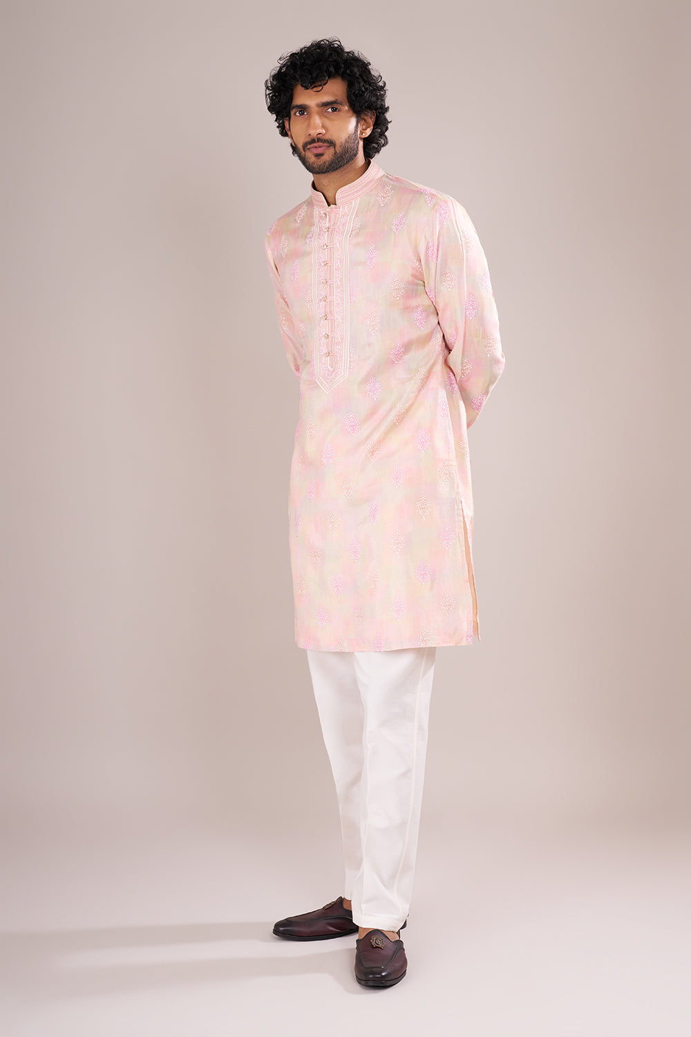 Blush Pink Men's Embroidered Silk Blend Kurta Set