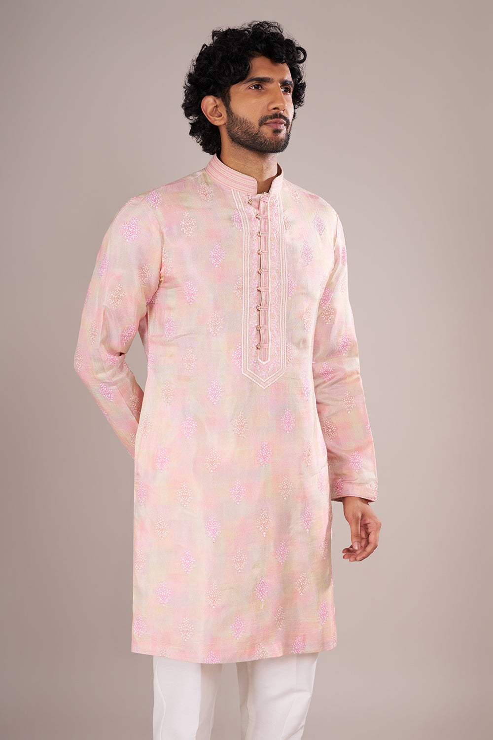 Blush Pink Men's Embroidered Silk Blend Kurta Set