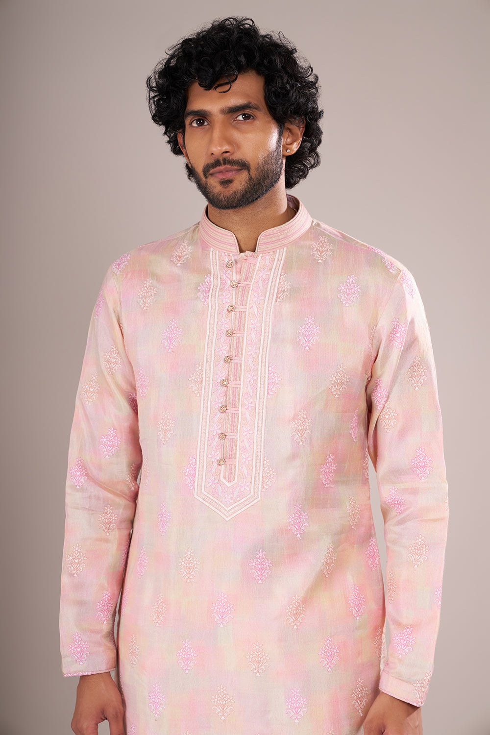 Blush Pink Men's Embroidered Silk Blend Kurta Set