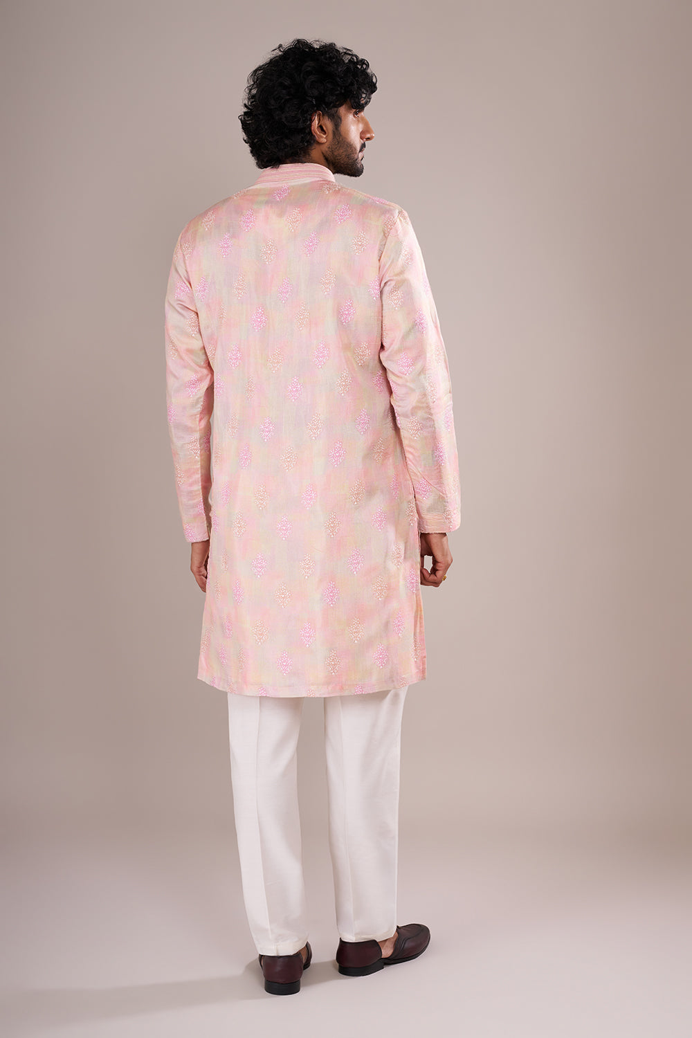 Blush Pink Men's Embroidered Silk Blend Kurta Set