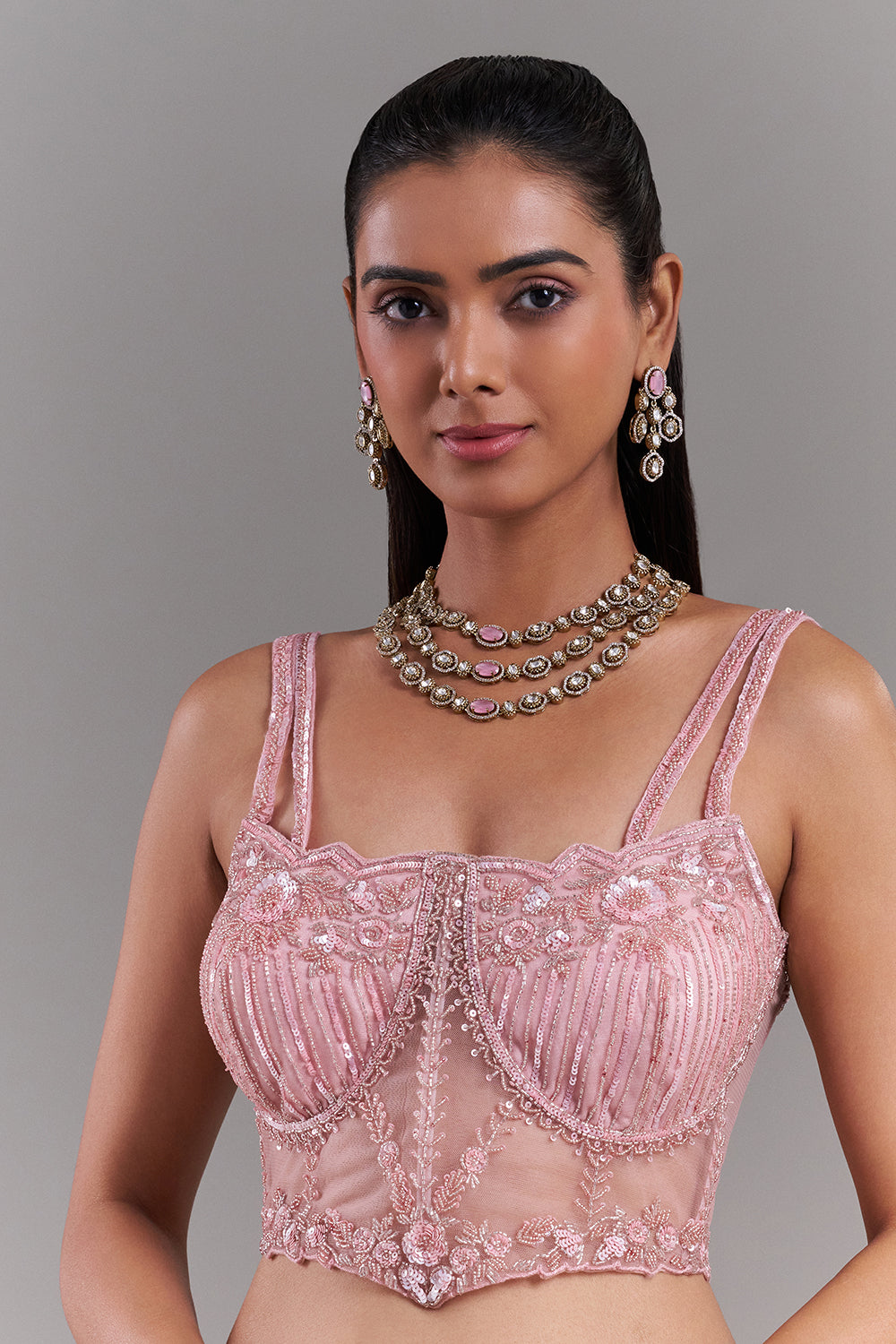 Blush Pink Net Blouse with Sequin Floral Detailing
