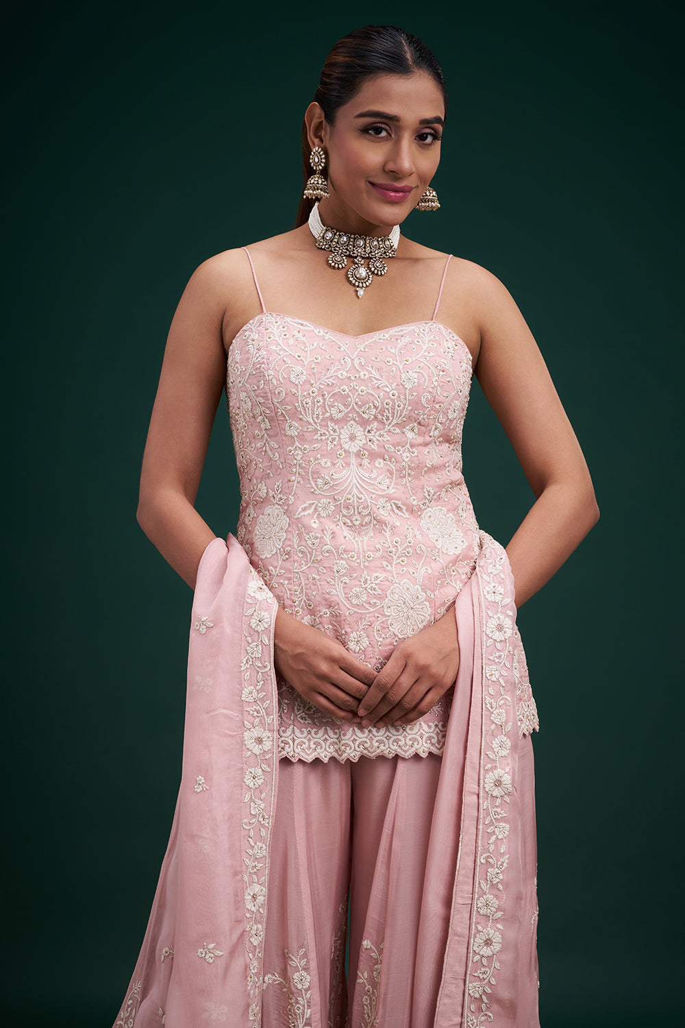 Blush Pink Organza Indo-Western Suit with Resham and Stone Work