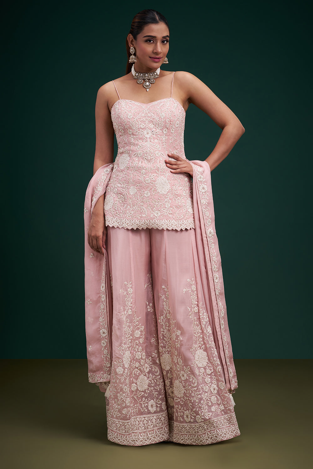 Blush Pink Organza Indo-Western Suit with Resham and Stone Work