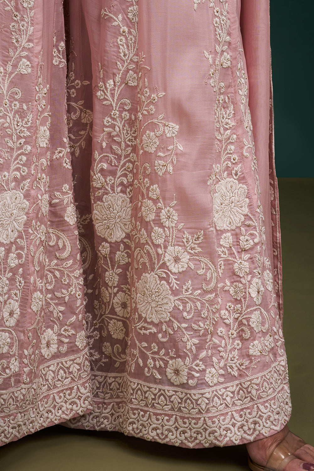 Blush Pink Organza Indo-Western Suit with Resham and Stone Work