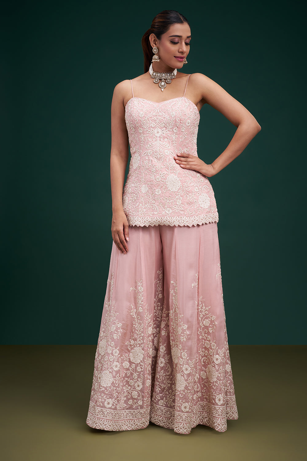 Blush Pink Organza Indo-Western Suit with Resham and Stone Work