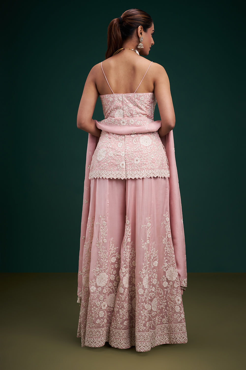 Blush Pink Organza Indo-Western Suit with Resham and Stone Work