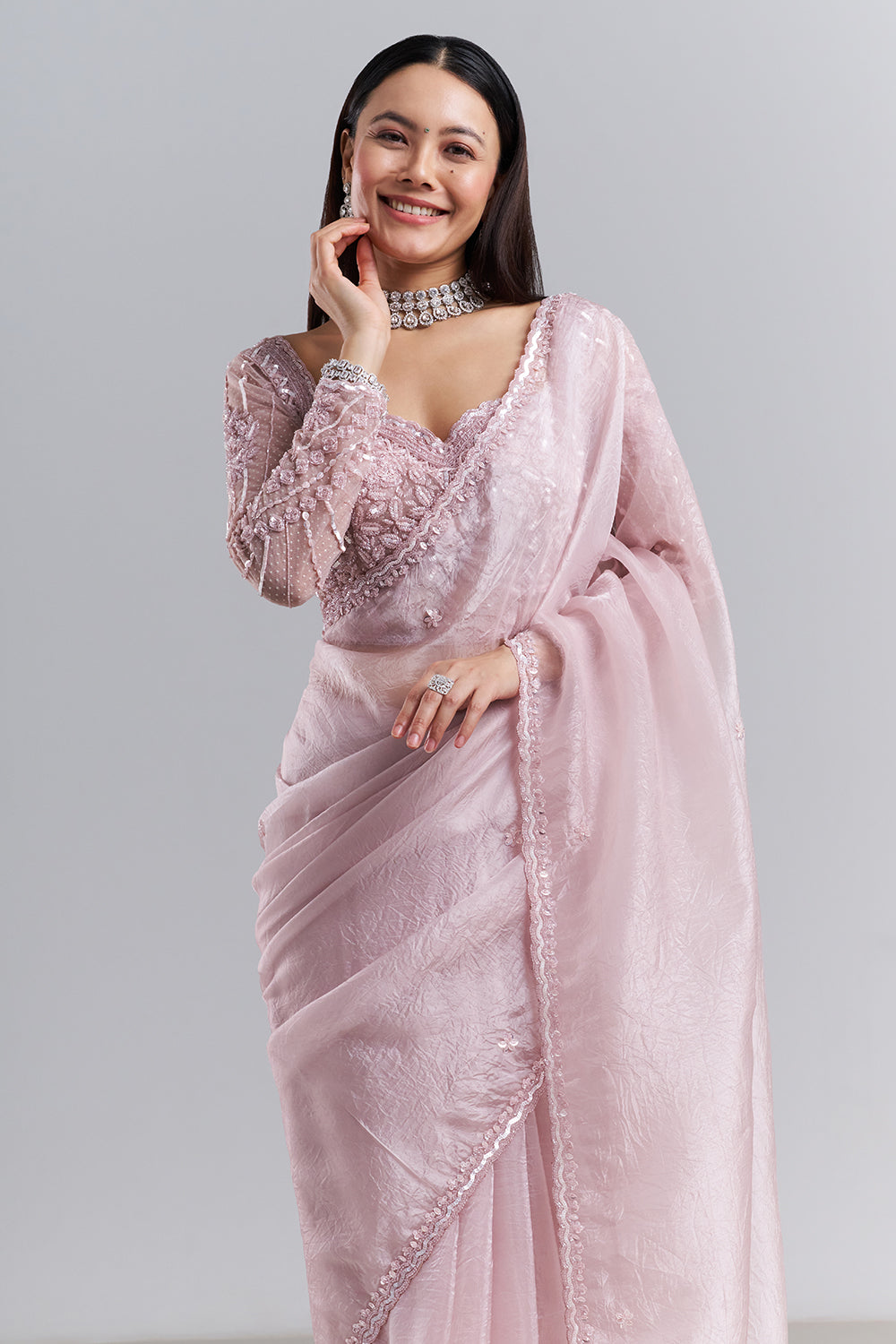 Blush Pink Organza Saree with Embellished Stitched Blouse