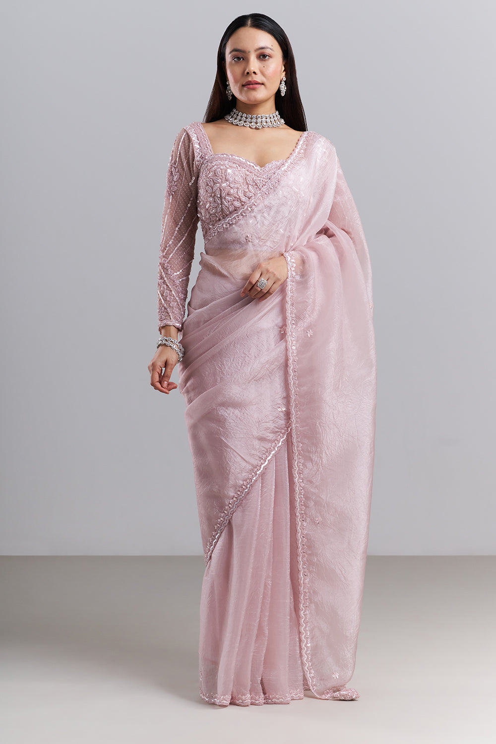 Blush Pink Organza Saree with Embellished Stitched Blouse