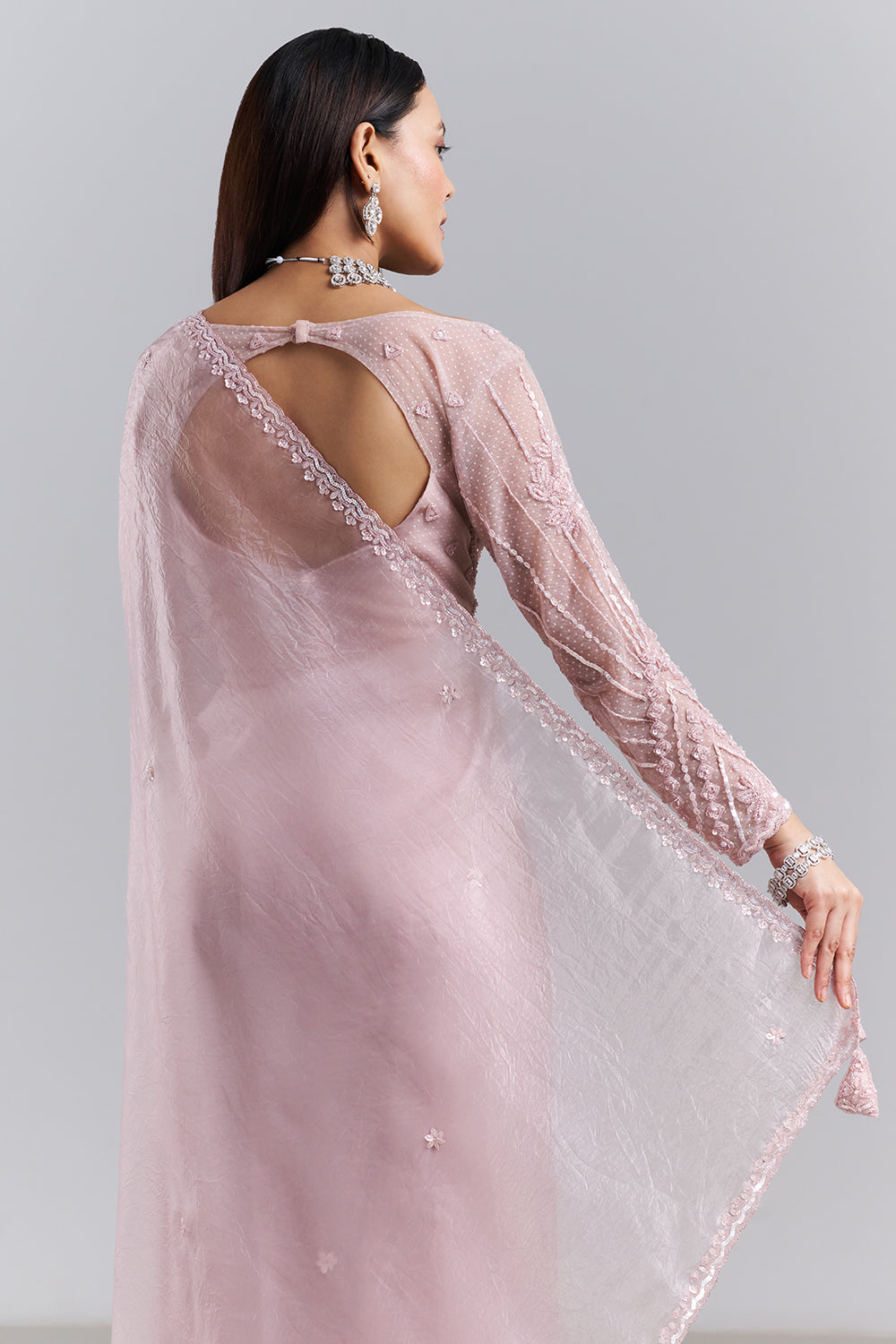 Blush Pink Organza Saree with Embellished Stitched Blouse