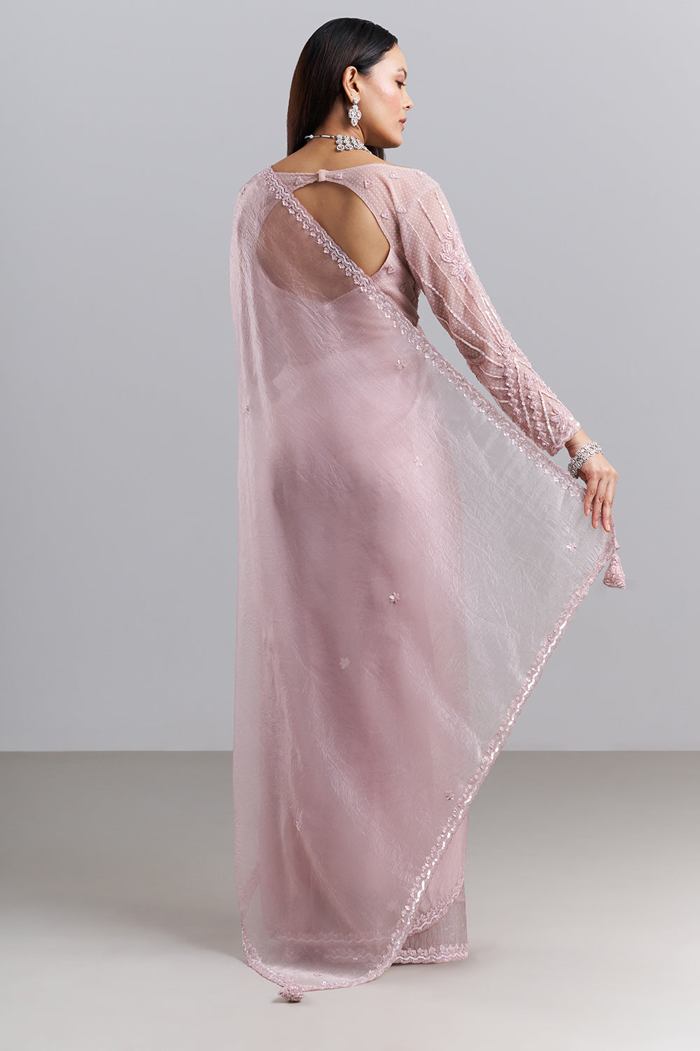 Blush Pink Organza Saree with Embellished Stitched Blouse