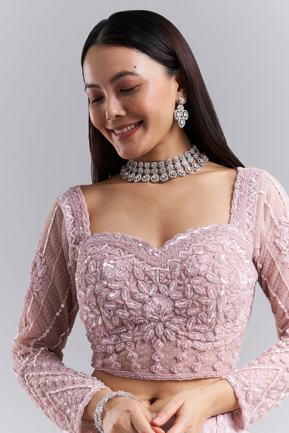 Blush Pink Organza Saree with Embellished Stitched Blouse