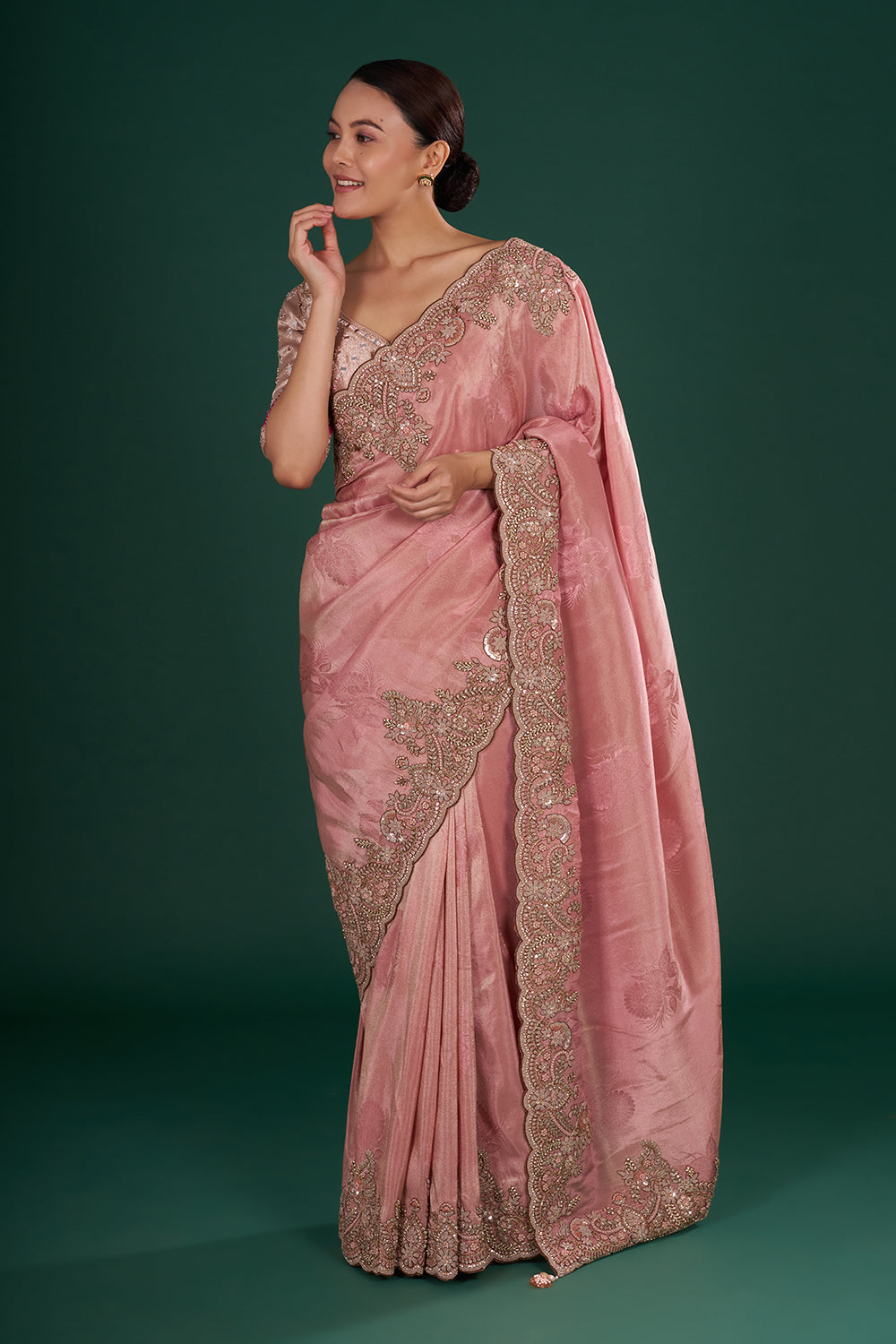 Blush Pink Saree in Shimmer Tissue with Resham, Pearl & Sequin Embroidery