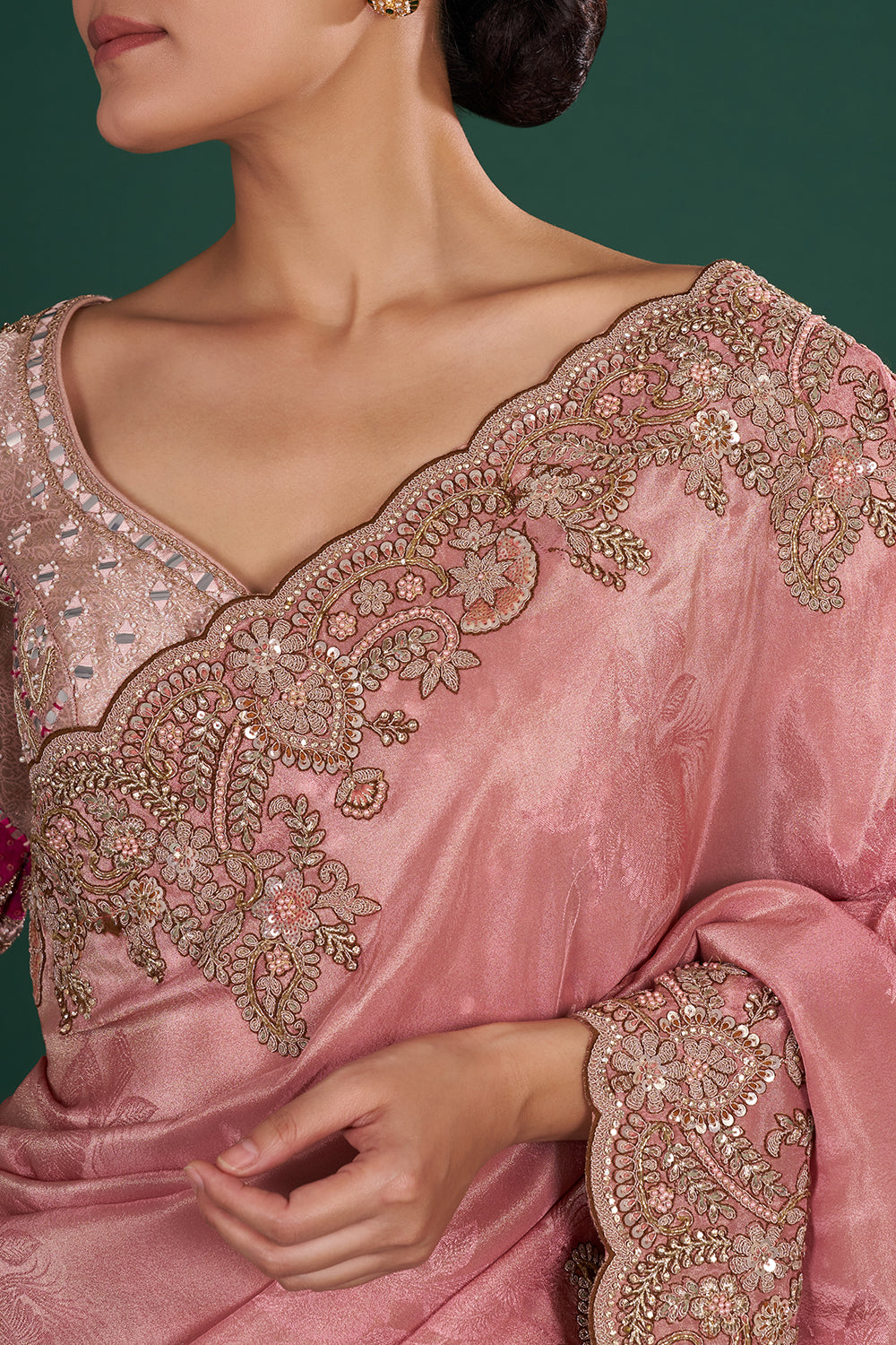 Blush Pink Saree in Shimmer Tissue with Resham, Pearl & Sequin Embroidery