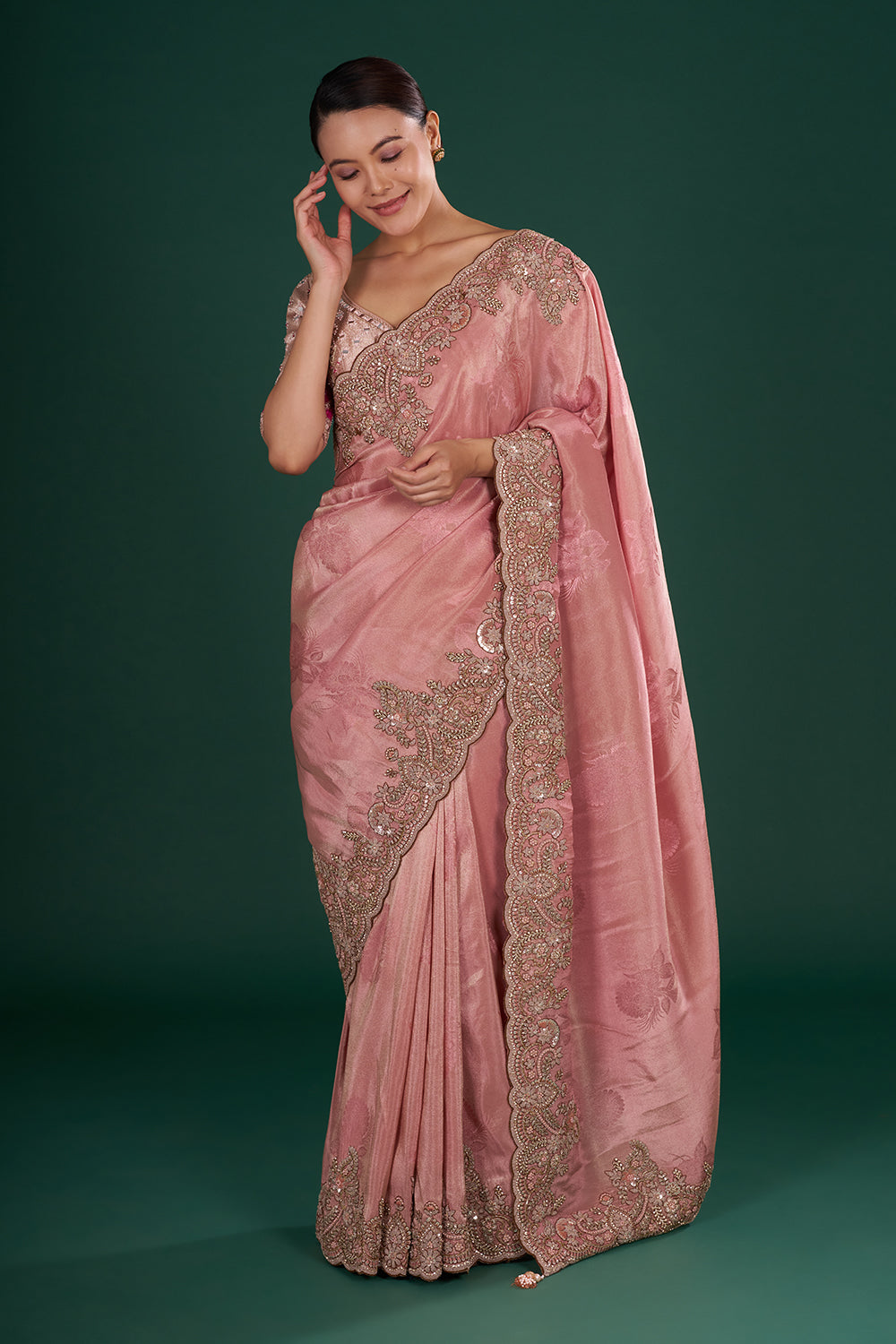 Blush Pink Saree in Shimmer Tissue with Resham, Pearl & Sequin Embroidery