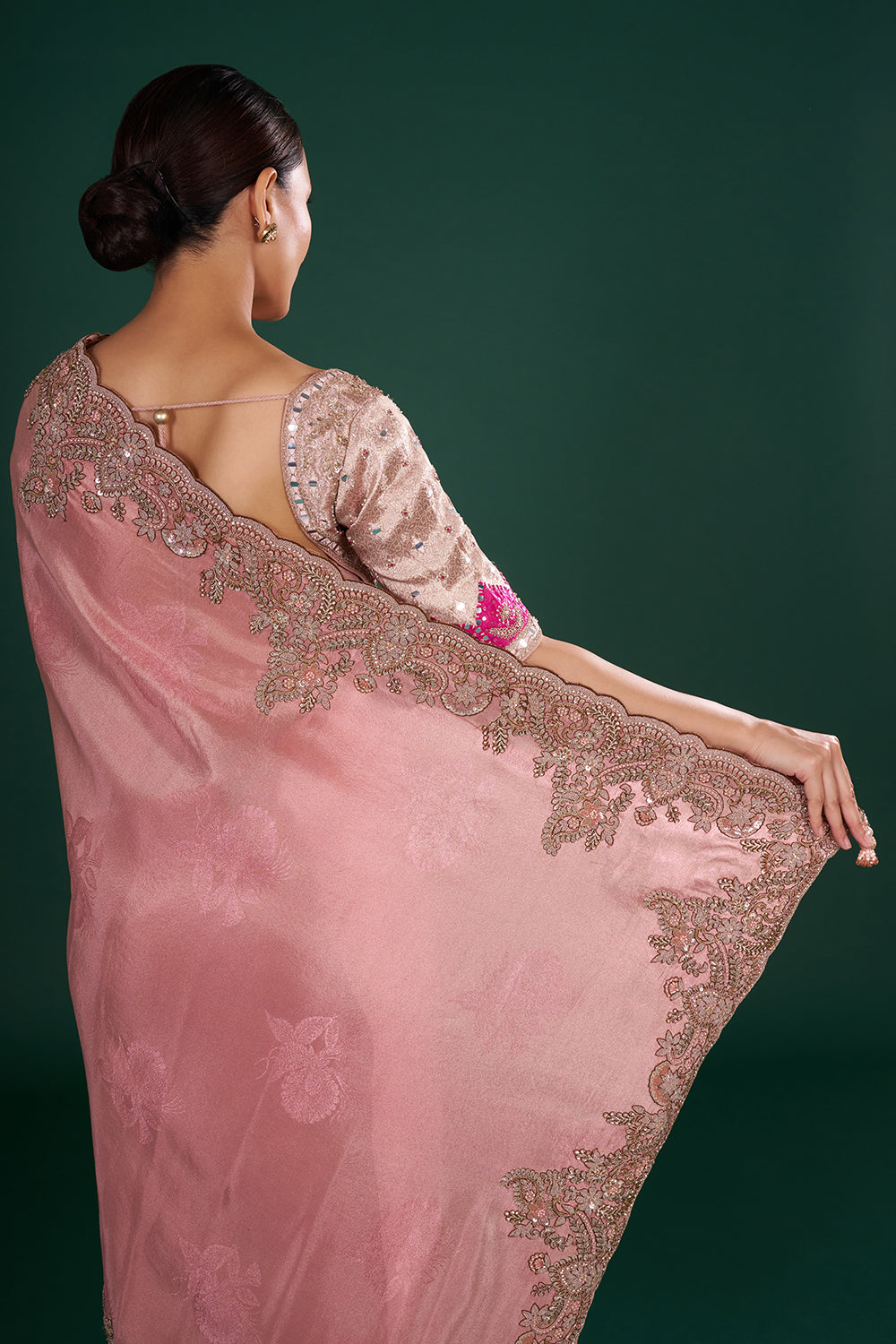 Blush Pink Saree in Shimmer Tissue with Resham, Pearl & Sequin Embroidery