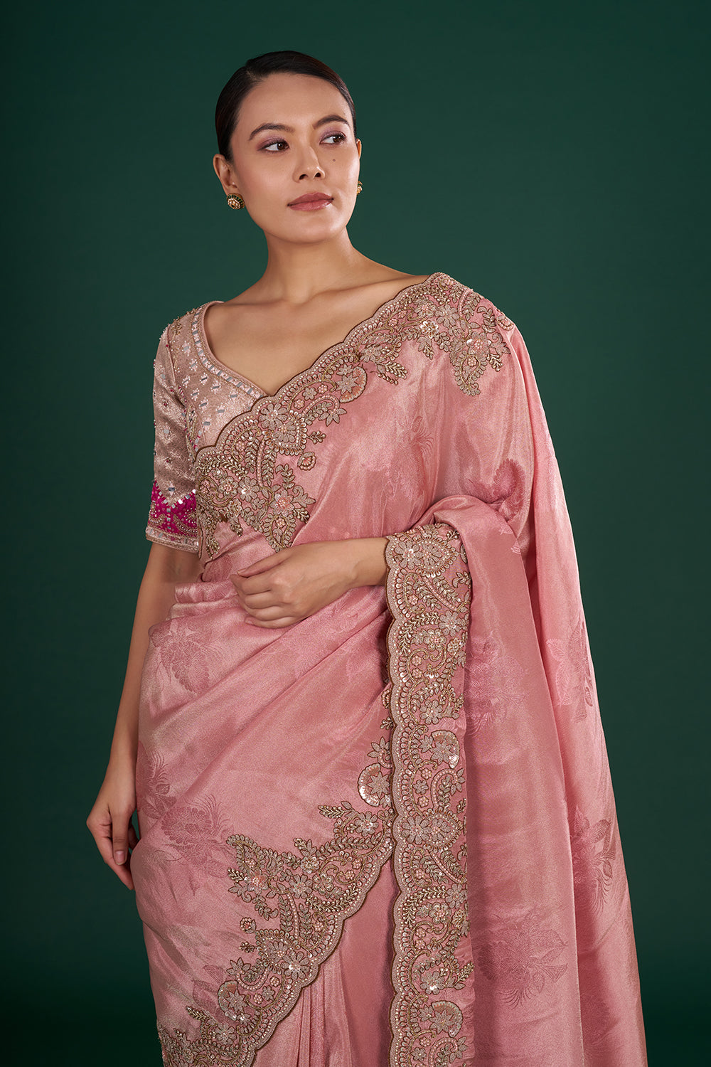 Blush Pink Saree in Shimmer Tissue with Resham, Pearl & Sequin Embroidery