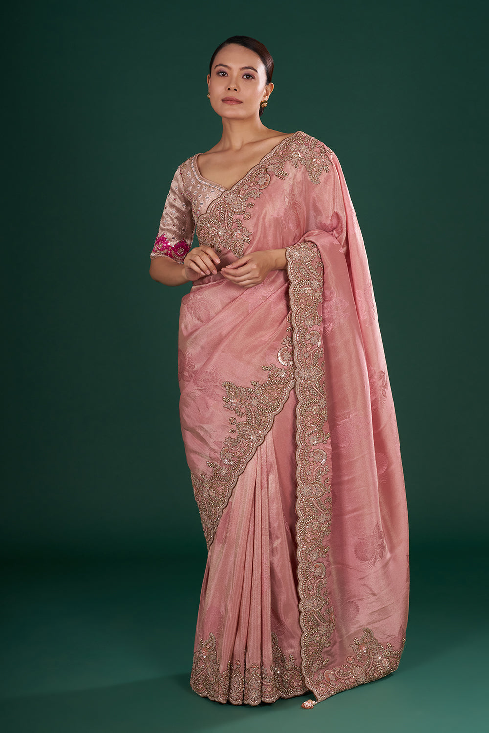 Blush Pink Saree in Shimmer Tissue with Resham, Pearl & Sequin Embroidery