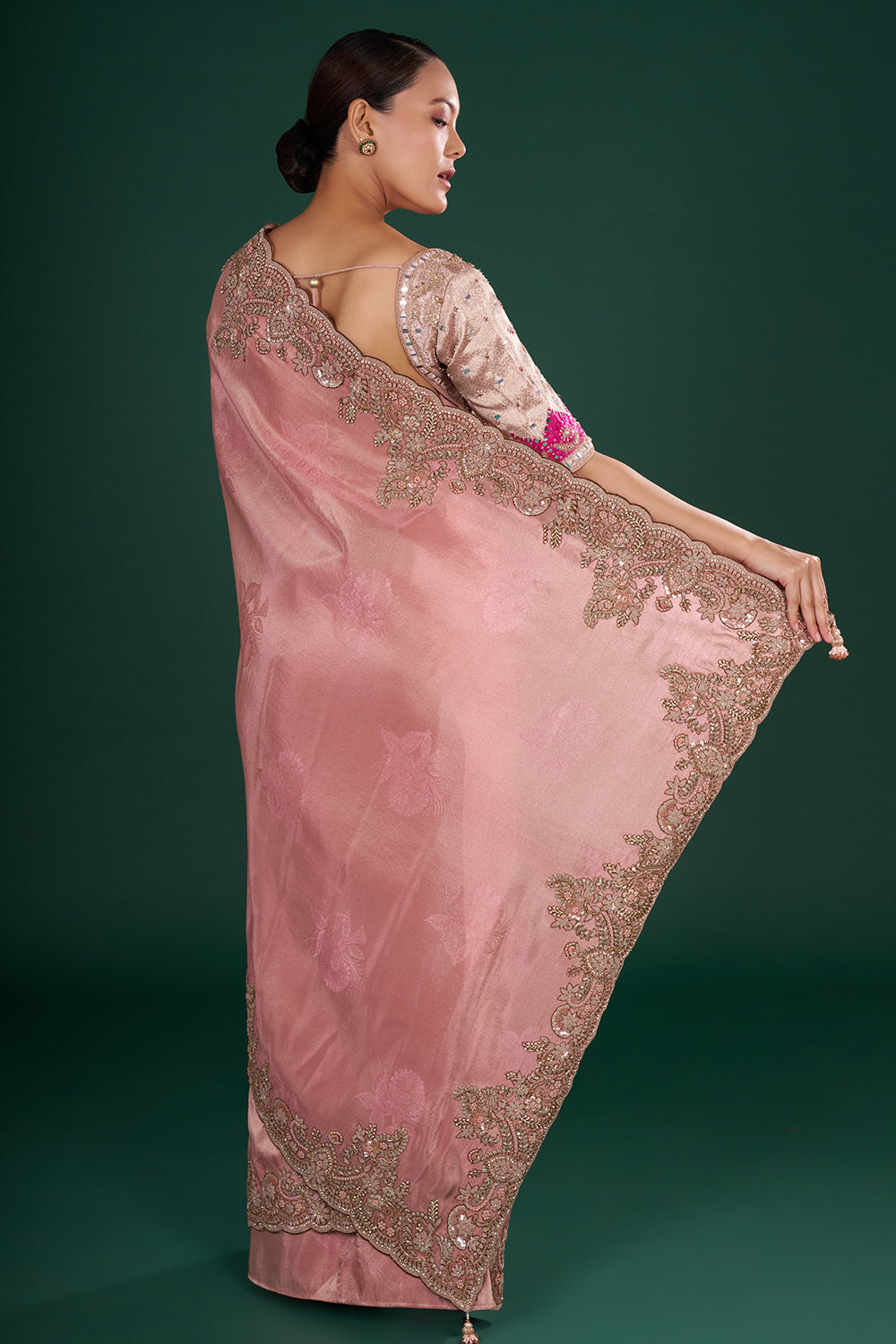 Blush Pink Saree in Shimmer Tissue with Resham, Pearl & Sequin Embroidery
