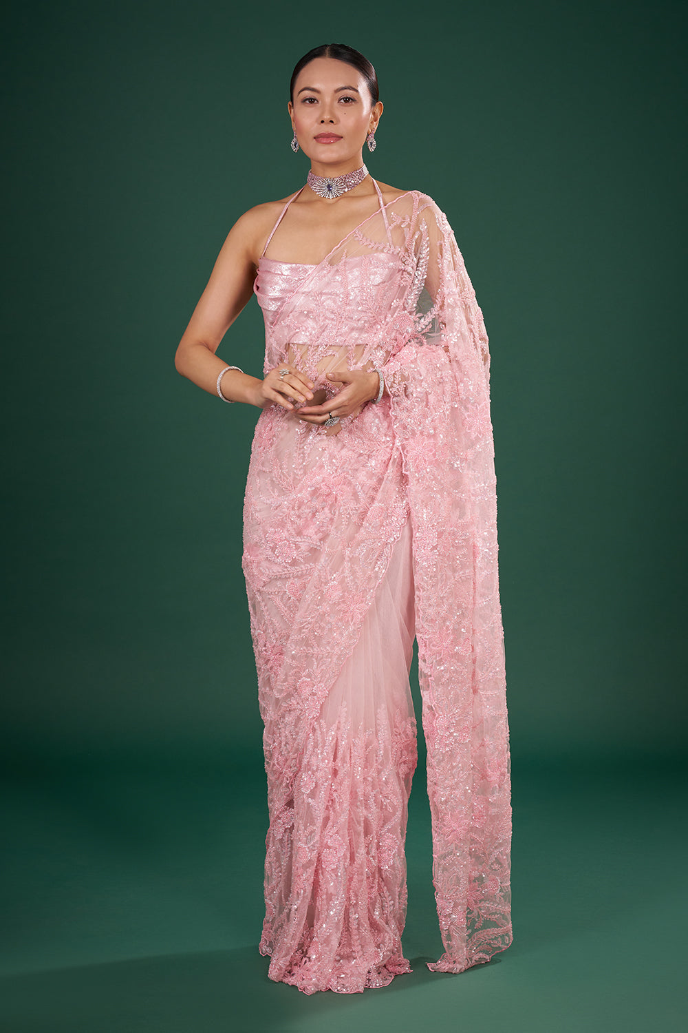 Blush Pink Net Saree with Thread Embroidery and Unstitched Blouse