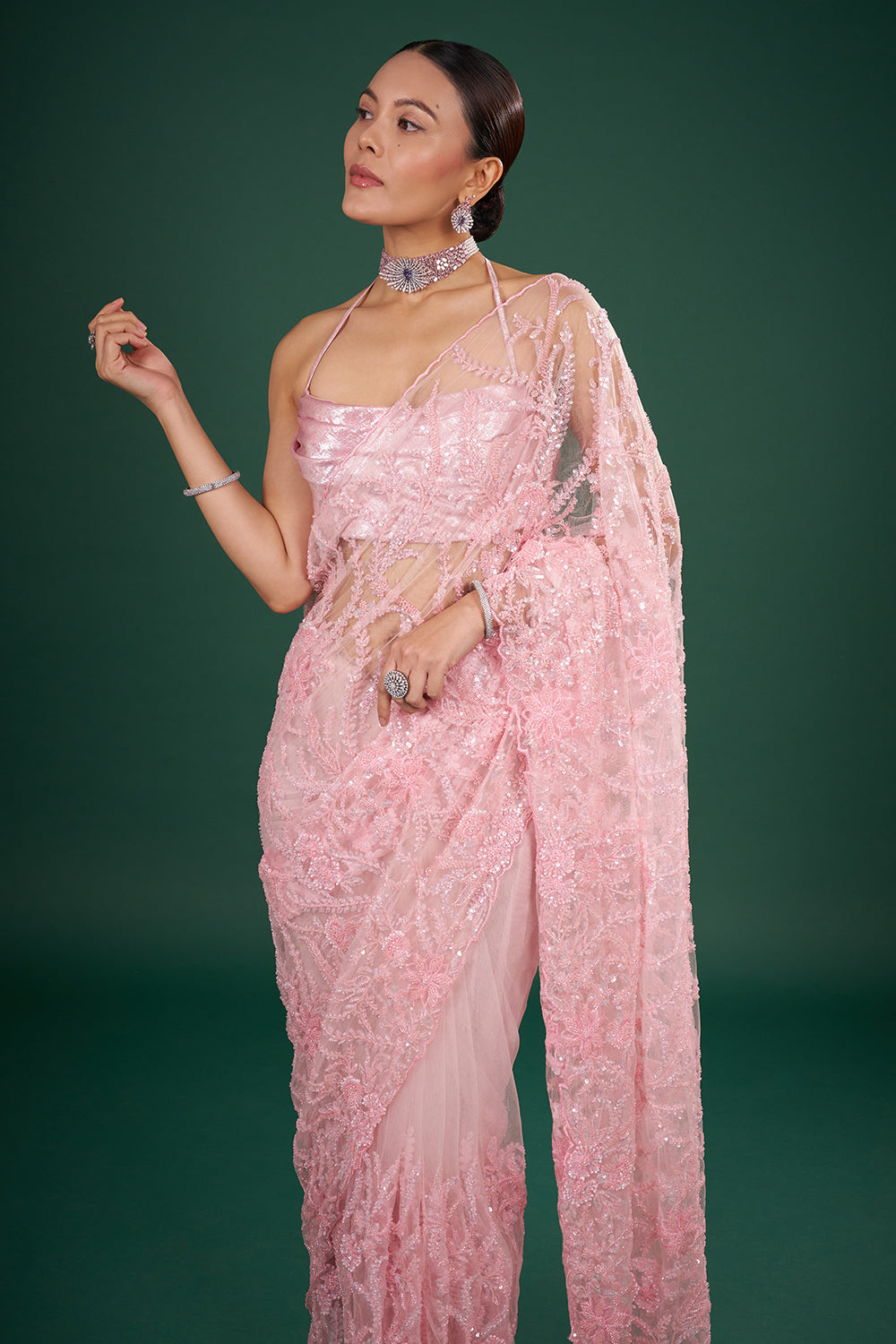 Blush Pink Net Saree with Thread Embroidery and Unstitched Blouse