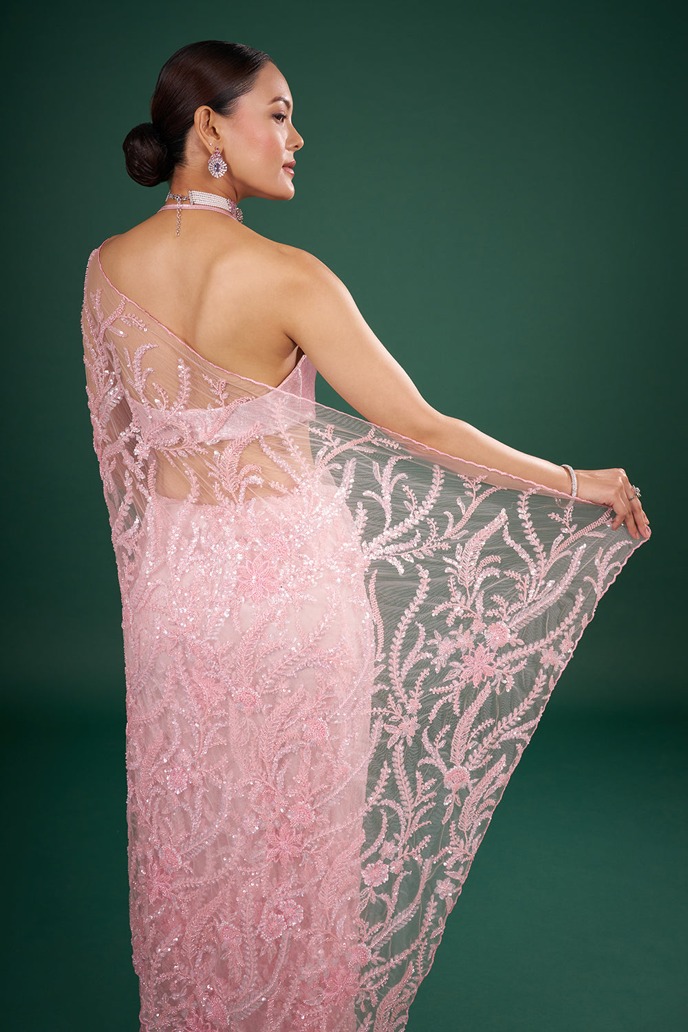 Blush Pink Net Saree with Thread Embroidery and Unstitched Blouse