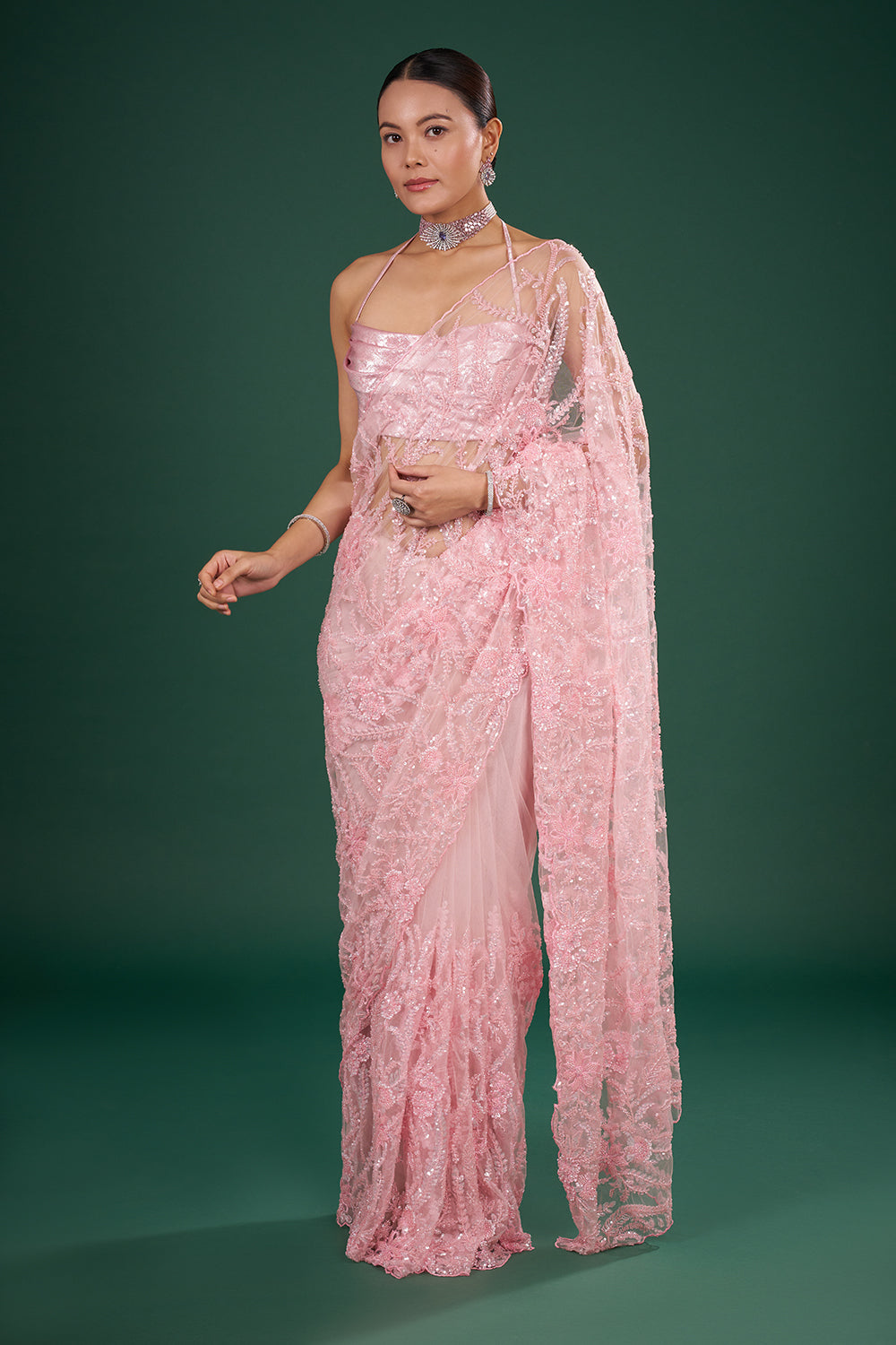 Blush Pink Net Saree with Thread Embroidery and Unstitched Blouse
