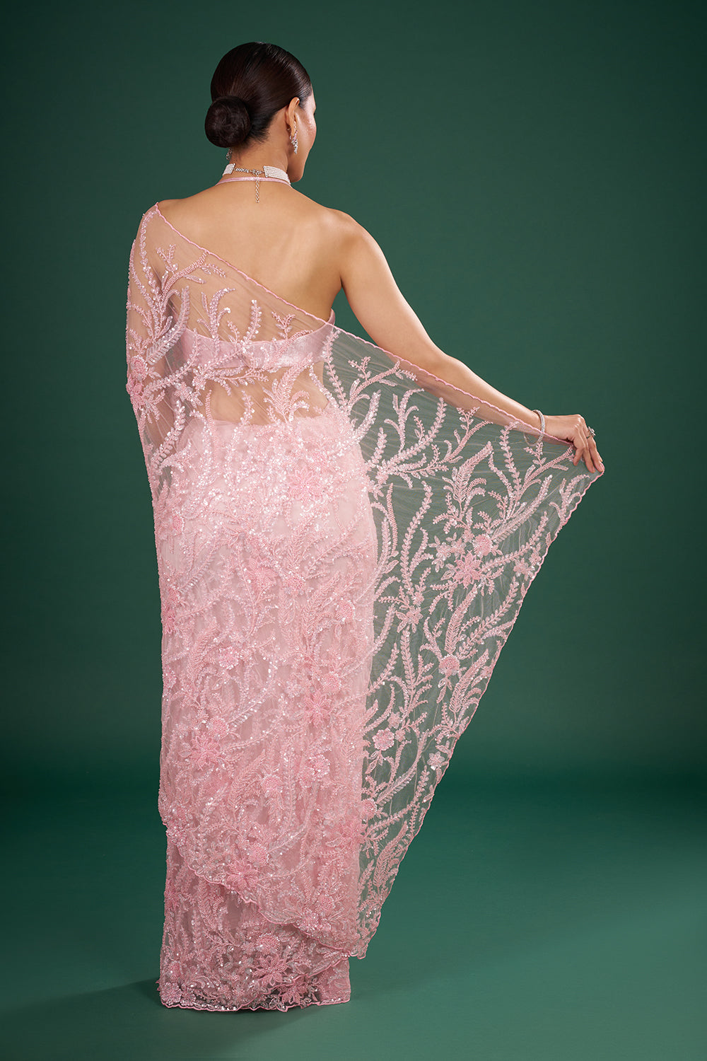 Blush Pink Net Saree with Thread Embroidery and Unstitched Blouse